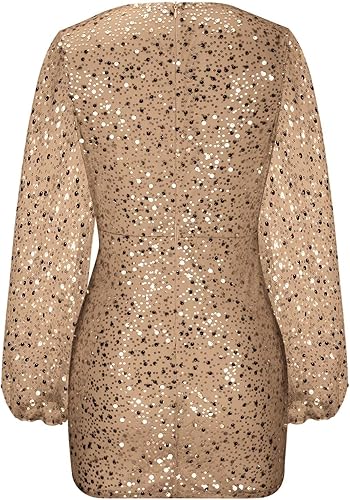 Miniatura 3 de XUNRYAN Vestidos de lentejuelas para mujer, manga larga con purpurina brillante, cuello en V profundo, formal, mini vestido de fiesta de noche
