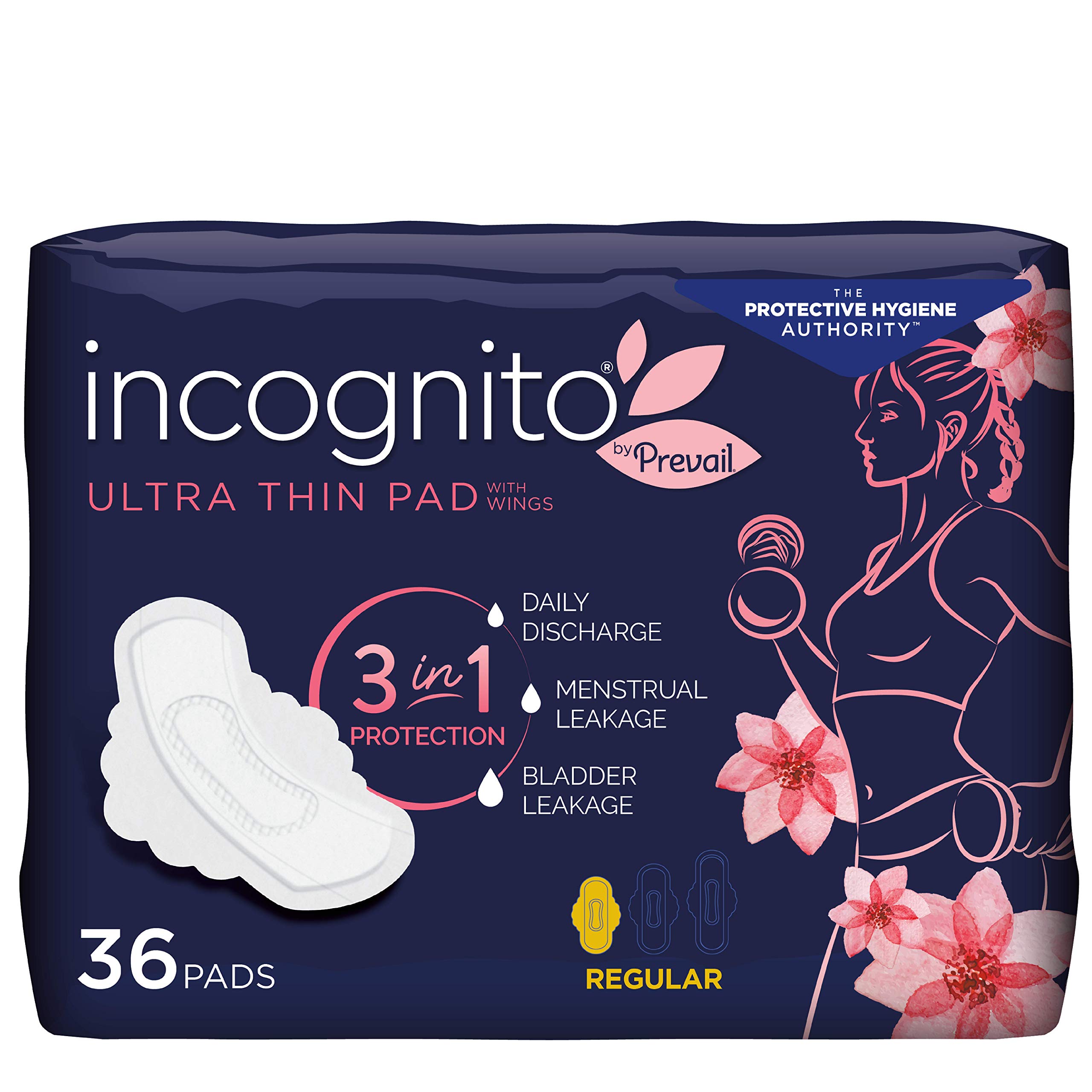 Prevail Incognito Absorbent 3-in-1 Protective Postpartum Pad with Wings for Menstrual and Bladder Leaks (Regular (36 Count)
