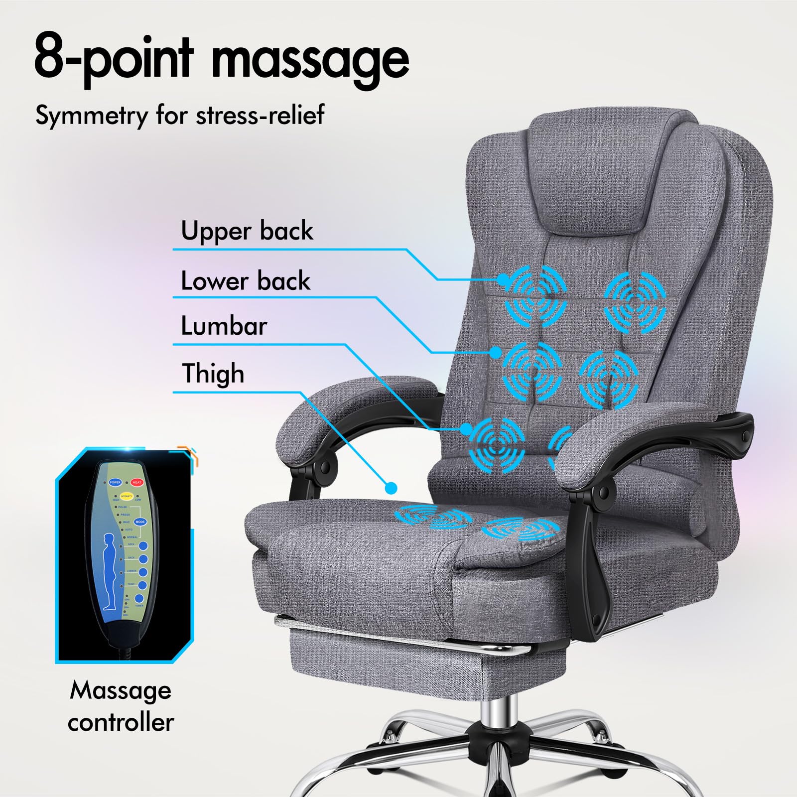 ALFORDSON Ergonomiczne krzesło biurowe, z funkcją masażu ciepła, lniane krzesło komputerowe z wyściełanymi podłokietnikami i miękkim zagłówkiem, krzesło obrotowe z kółkami, szare
