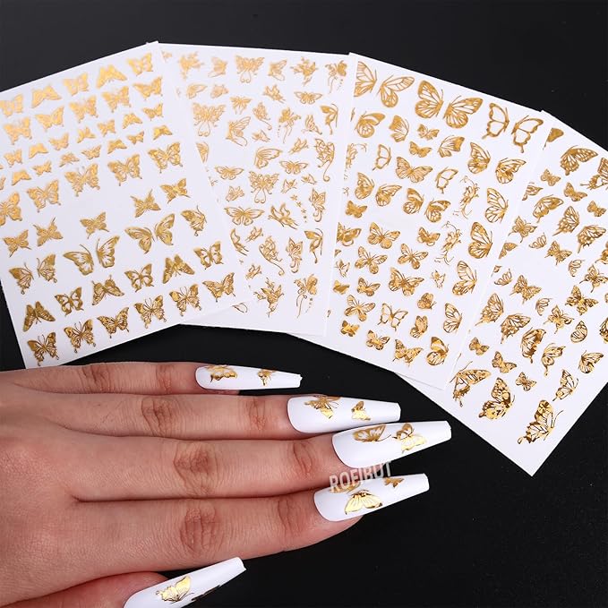 Gold Butterfly Nail Art Stickers 4 Sheets 3D Self Adhesive
