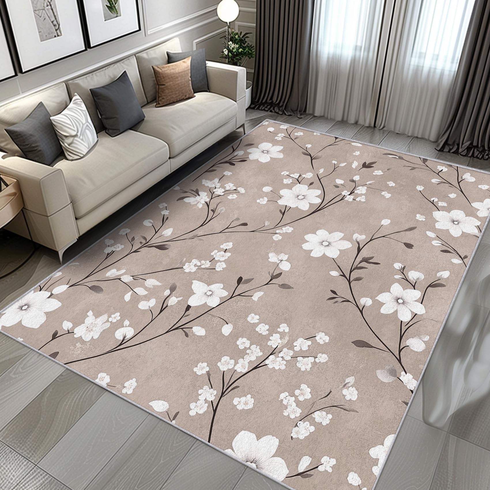 Tapis lavable taupe 180x280 cm vintage à fleurs blanches grand format fin et antidérapant
