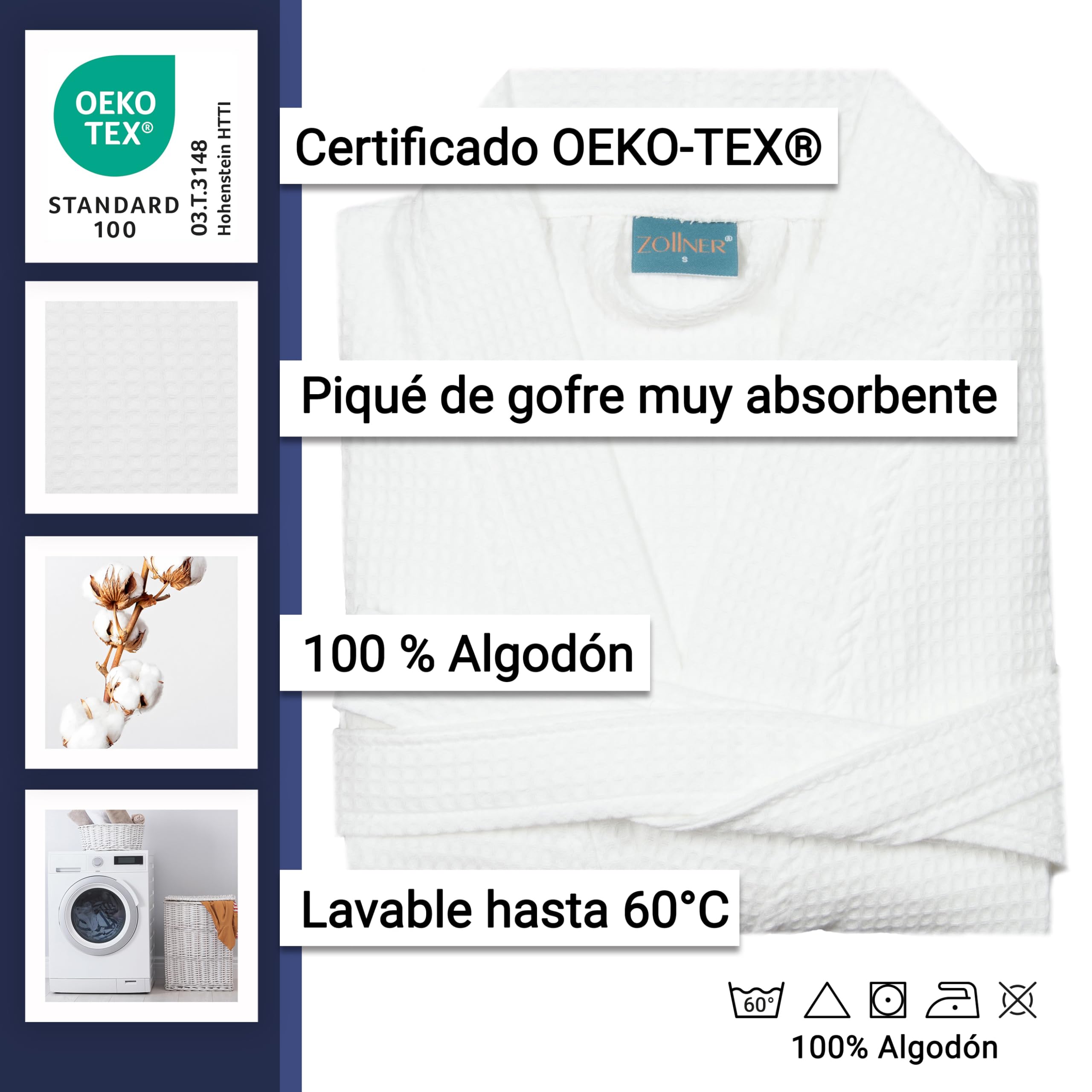 ZOLLNER Albornoz : suave y agradable al tacto, tejido de piqué, unisex, algodón, tallas S-3XL, lavable hasta 60 °C, calidad hotelera, certificado Oeko Tex®, 266