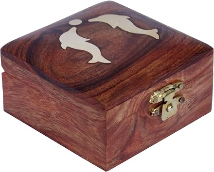 ITOS365 Handmade Wooden Small Jewelry Box Ring Storage Case for Women Dolphin Charm Decor Gifts