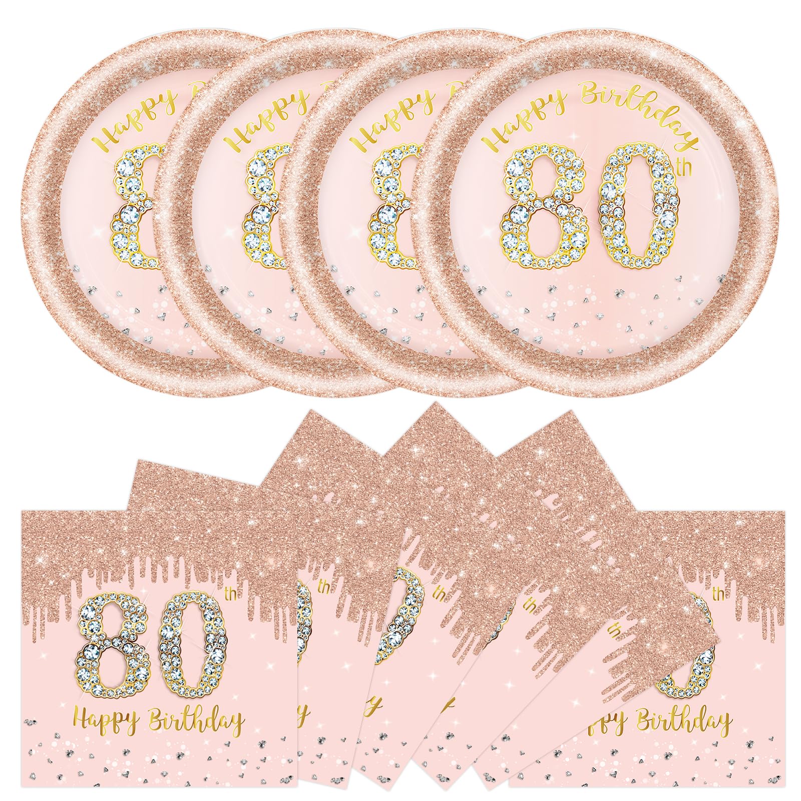 DHAIQC 50 Pcs 80th Birthday Paper Plates and Napkins Party Supplies, 7 Inch Rose Gold 80th Party Plates and Napkins Tableware Set for Women Girl Anniversary 80 th Birthday Decorations (80th)