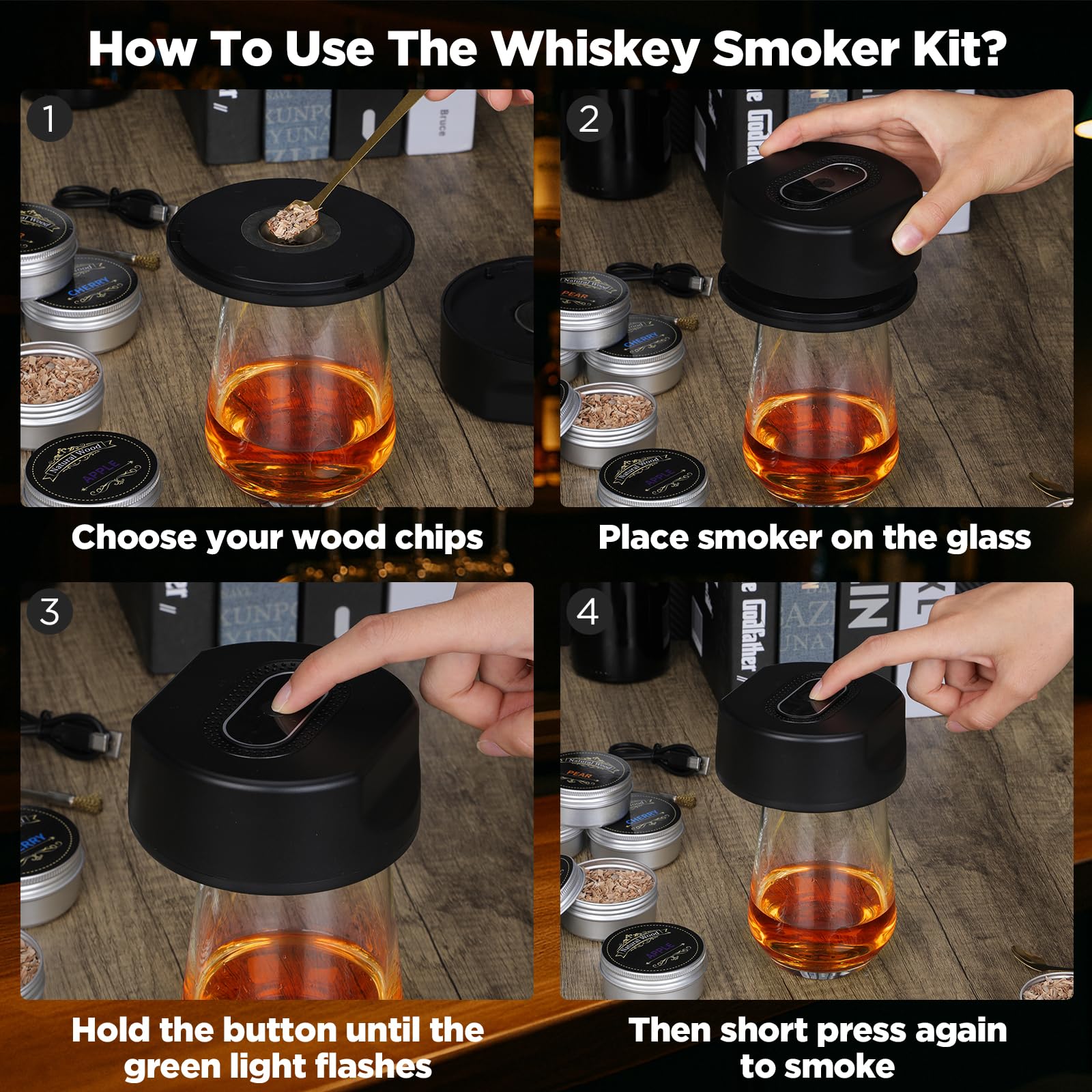 Fumoir à Whisky électrique USB-C – Avec 6 Copeaux De Bois Naturels, Sans Flamme, Pour Cocktails Et Plats