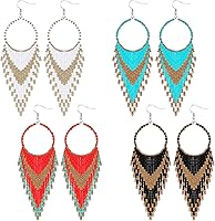 BBTO 4pcs Boho Beaded Tassel Earrings for Women - Colorful Long Fringe Drop Dangle Statement Jewelry (Elegant Colors)