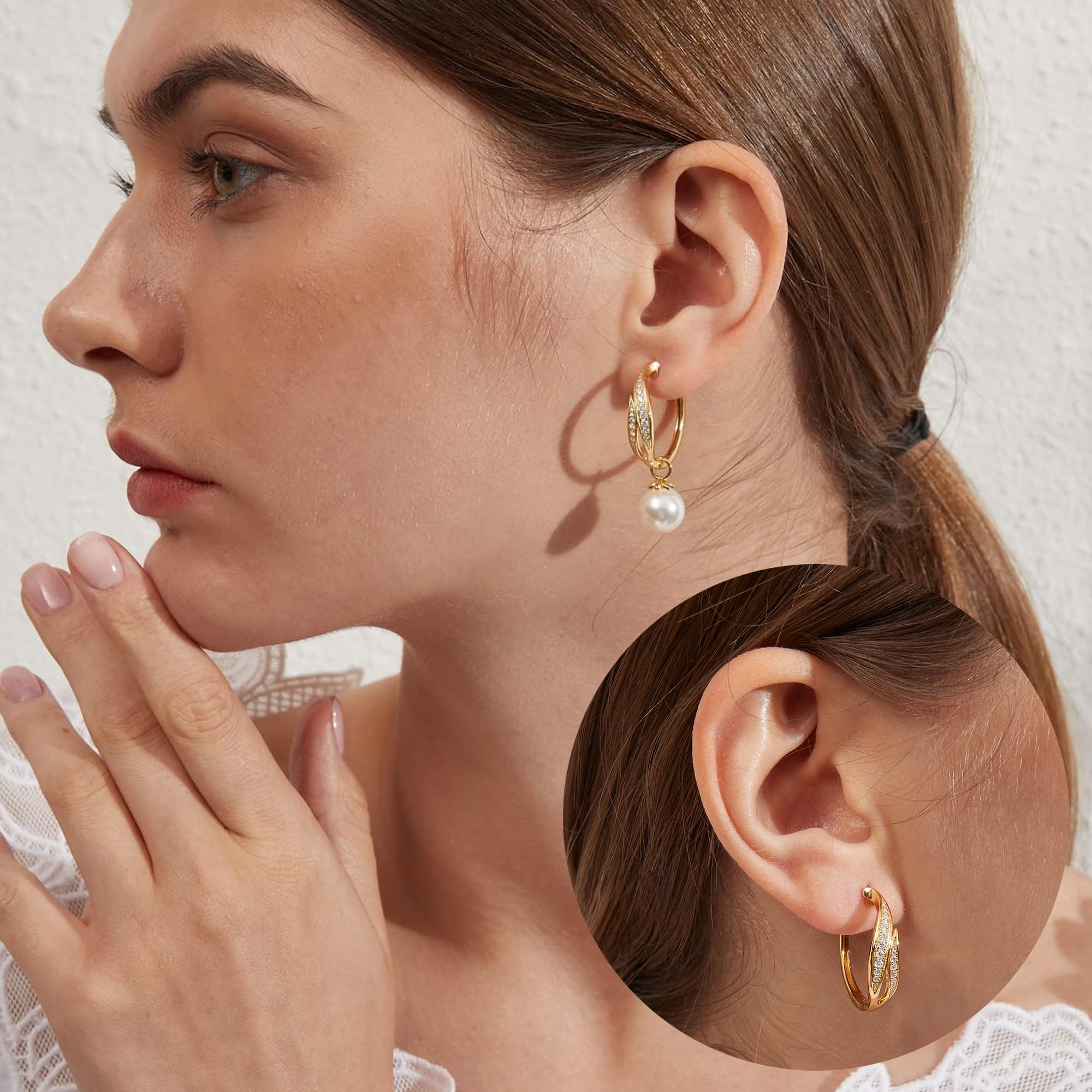 Perlenohrringe 18K Weißgold Plattiert 925 Sterling Silber Creolen mit Weiß Perlen Hypoallergene, Perle 8mm-10mm Edler Schmuck für Damen
