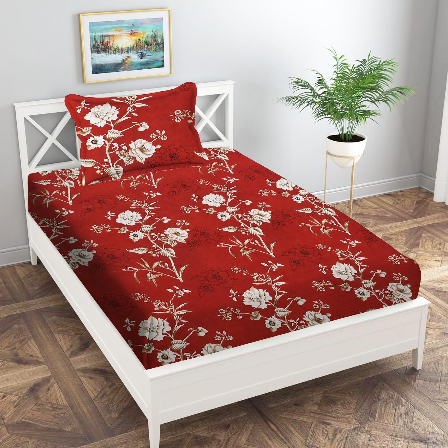 Home Stylish 280 TC Floral Print Ezyption Cotton 1 Single Bedsheet with 1 Pillow Cover Maroon