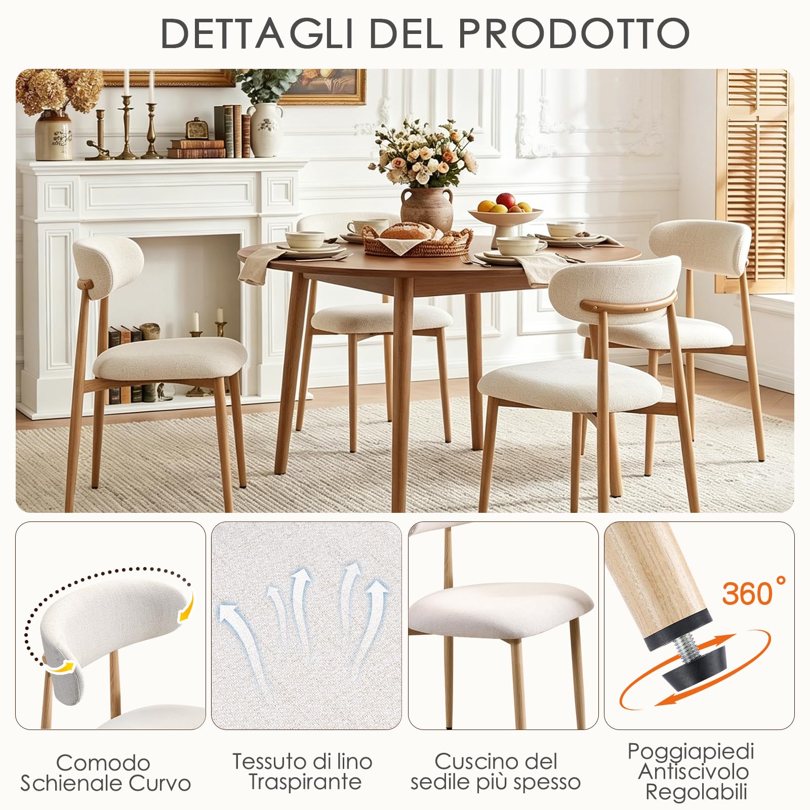 Set di 4 Sedie da Pranzo, Sedie da Cucina in Lino, Poltrone da Salotto con Gambe in Metallo, Sedia Imbottita Sala da Pranzo per Sala da Pranzo Cucina Soggiorno Camera da Letto, Beige