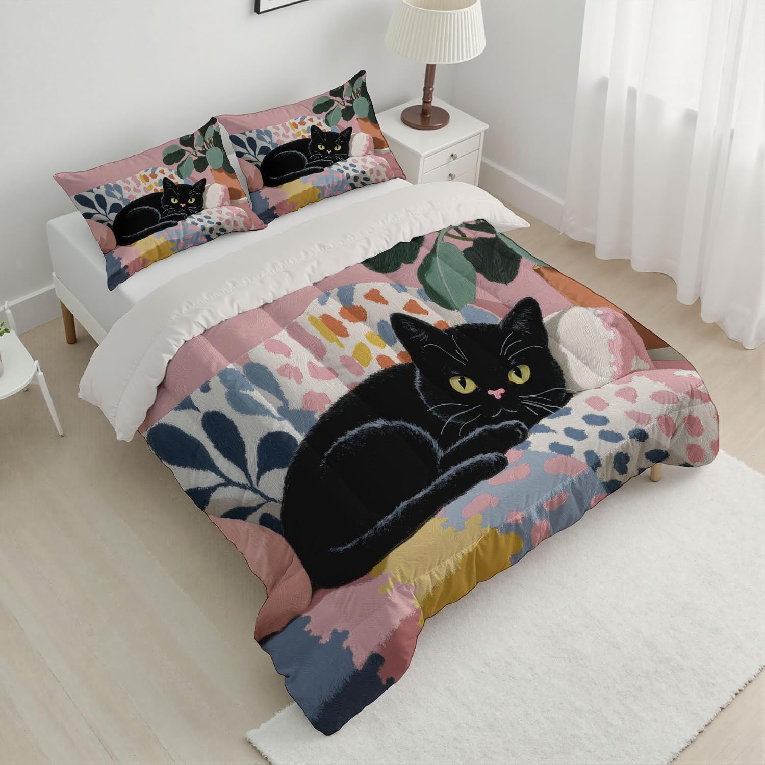 Pink Quilt/Duvet Set Queen Size, Watercolor Animals Themed Comforter Set with 2 Pillowcases, Simplicity Black Cat Print Bedding Comforters Room Decor, for Children, Girls, Boys, 90" x 90"