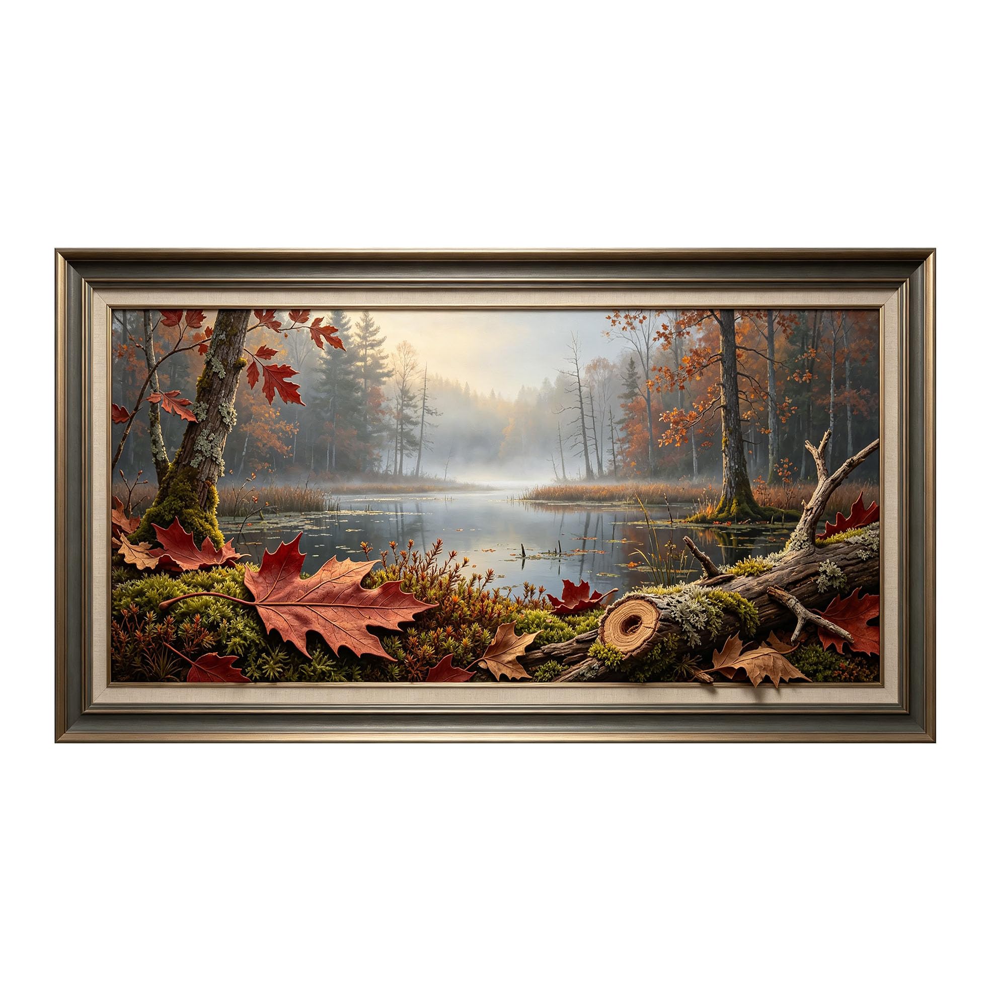 Yzpallescene 3D Framed Wall Art 50cm×100cm Autumn Lake Misty Forest Realistic Oil Painting Large Size SelfAdhesive Removable Wall Decor Prints Artwork for Living Room Bedroom Office