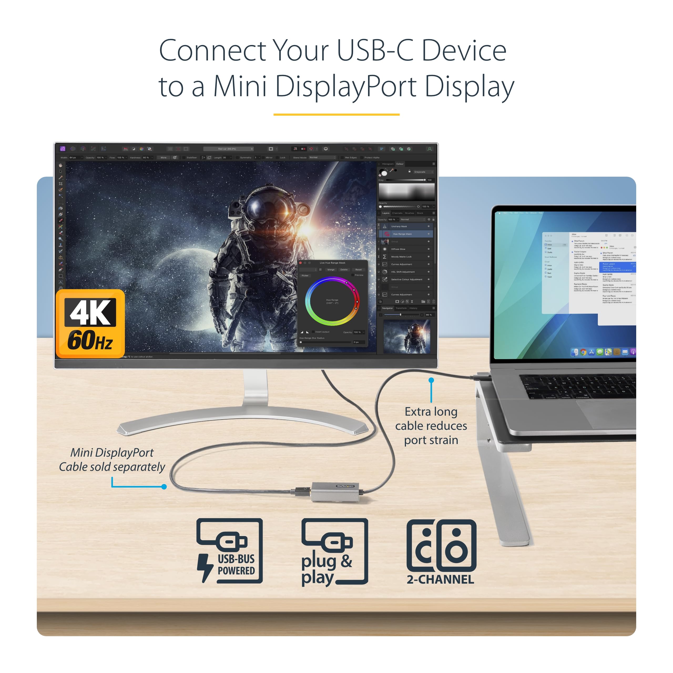 .com Adaptador USB C a Mini DisplayPort, 4K 60Hz USB tipo C a mDP/Mini DP Monitor convertidor de video, compatible con Thunderbolt 3, cable conectado de 12 pulgadas, versión mejorada de 2