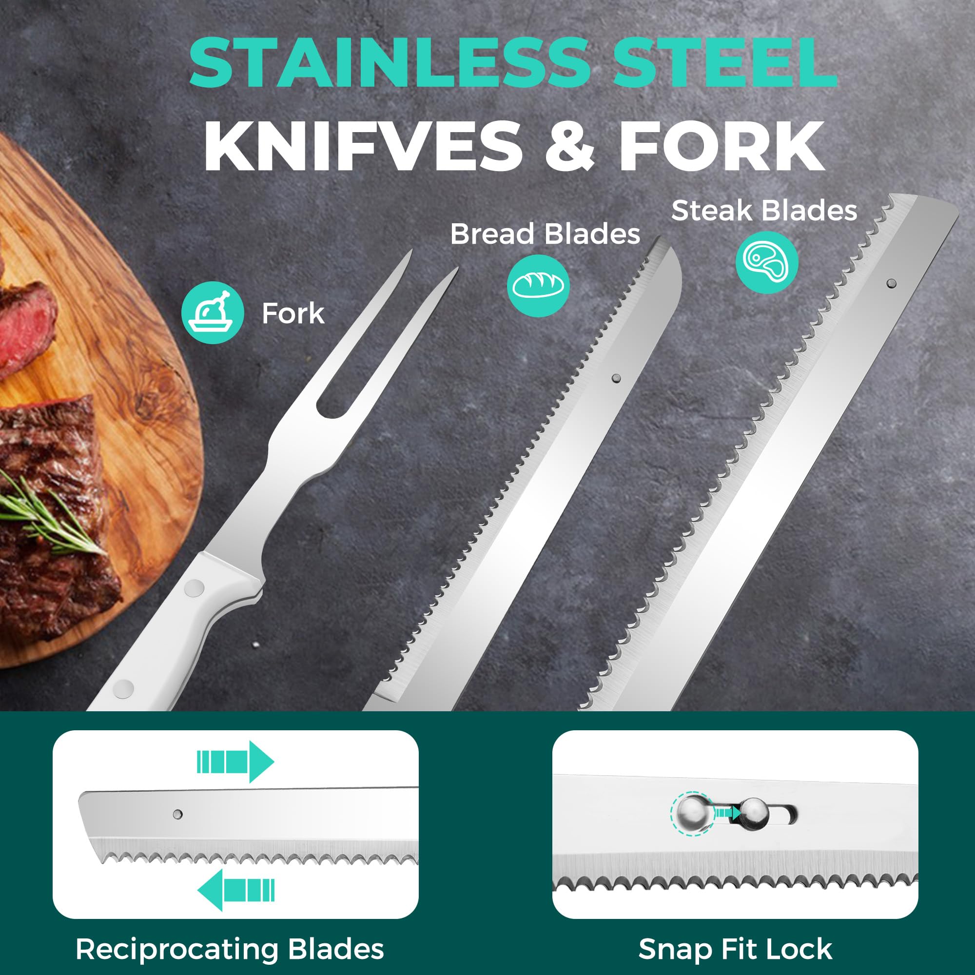 HAUSHOF Cordless Electric Knife Set for Meat Slicing, 8V Electric Carving Knife for Fish, Bread, Turkey, Rechargeable Meat Cutter with Reciprocating Stainless Steel Blades, Safety Lock & Storage Case
