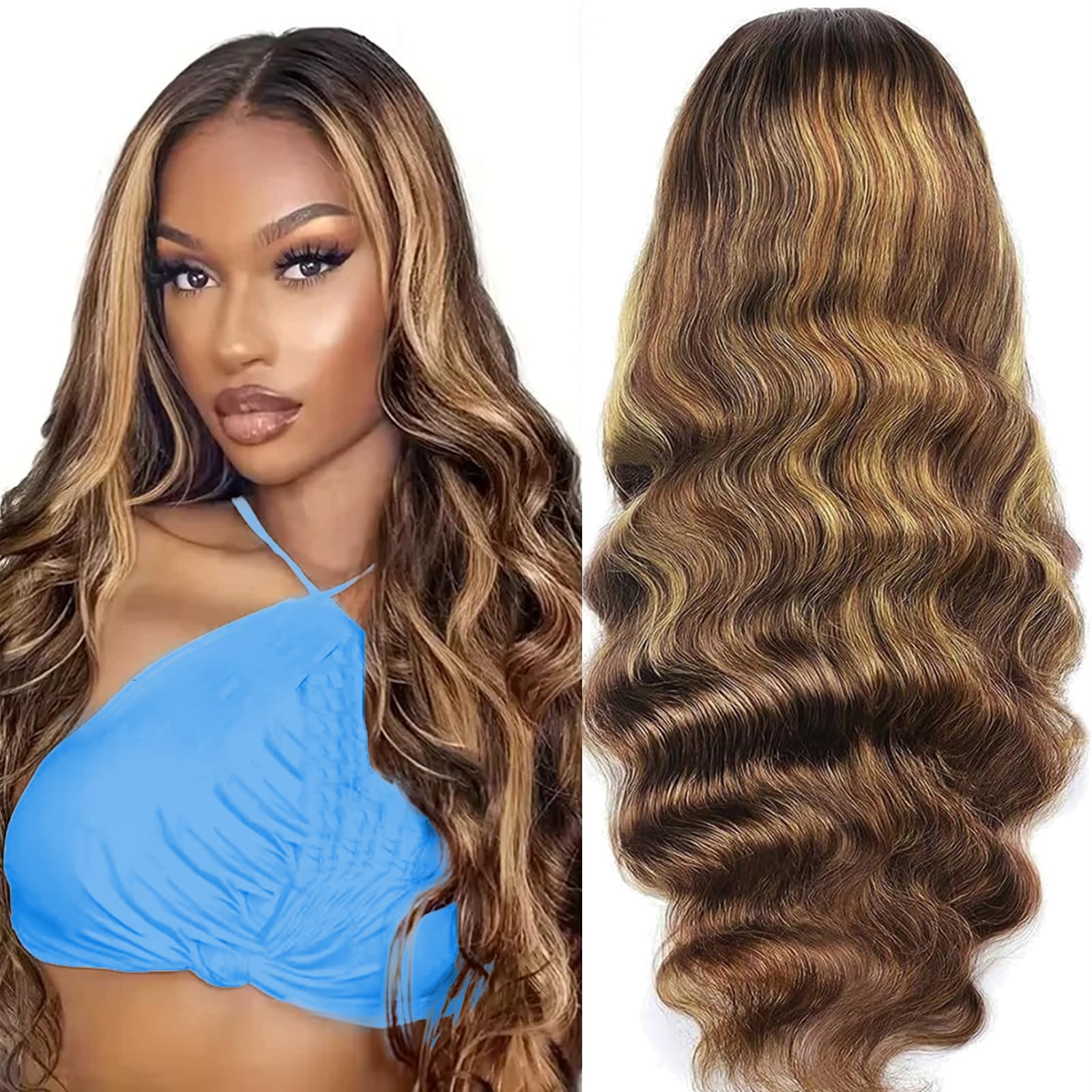 Highlight Ombre Lace Front Wig Human Hair Body Wave Human Hair Wig P4/27 Wear and Go Glueless Lace Front Wigs Pre Plucked 180% Density Natural Hairline Glueless Wigs 26 inch