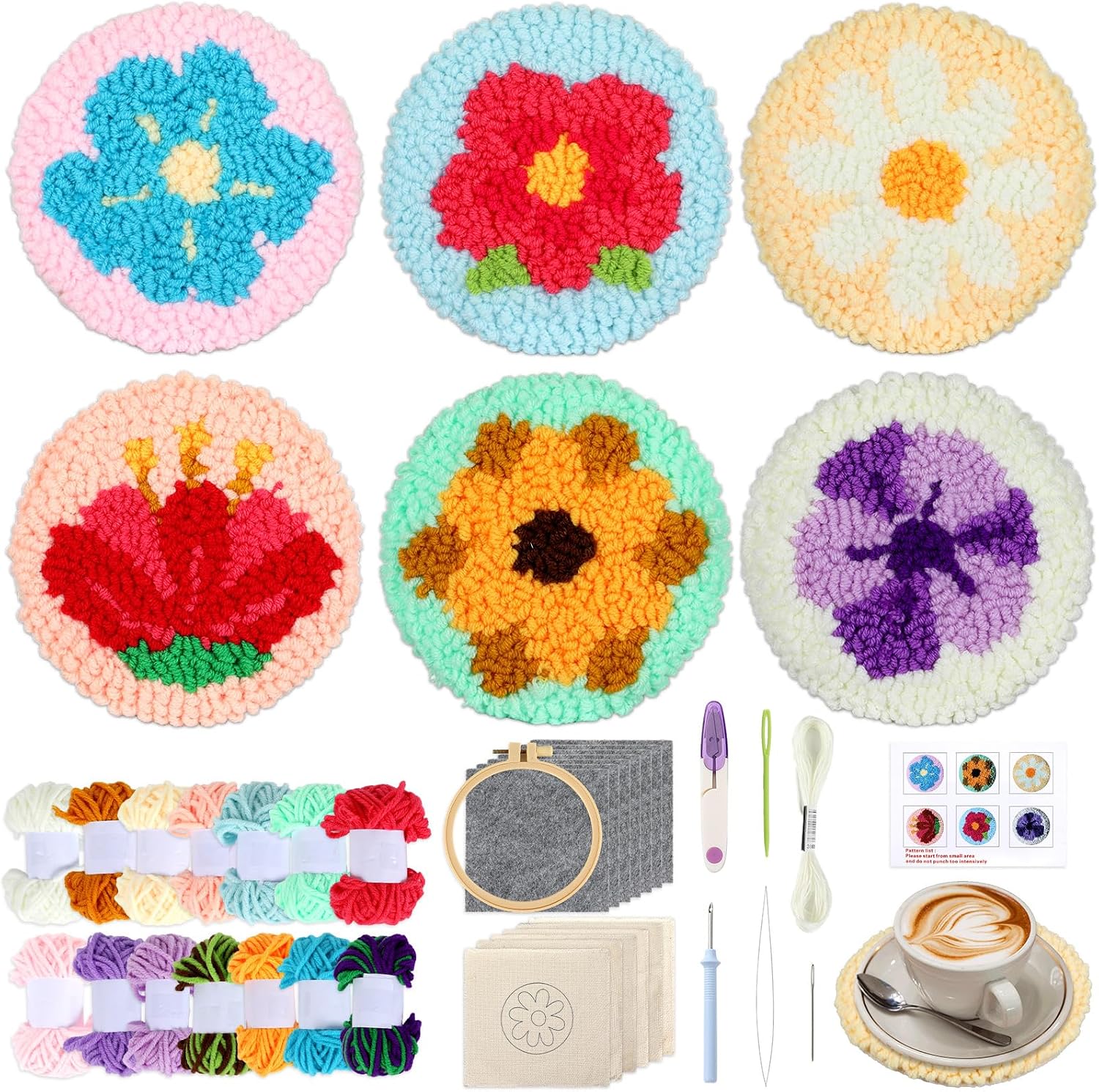 Punch Needle Coaster Kit for Beginners 6 Patterns Flower Designs Embroidery Punch Needle Kit with Adhesive Felt Yarns Hoop Instruction Punching Decoration DIY Coaster Art Kits for Adults Beginner Kid