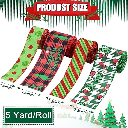 Miniatura 2 de 4 rollos de cinta de Navidad con borde con alambre de 20 yardas, cinta de arpillera decorativa de arpillera para envolver regalos, lazo, corona,