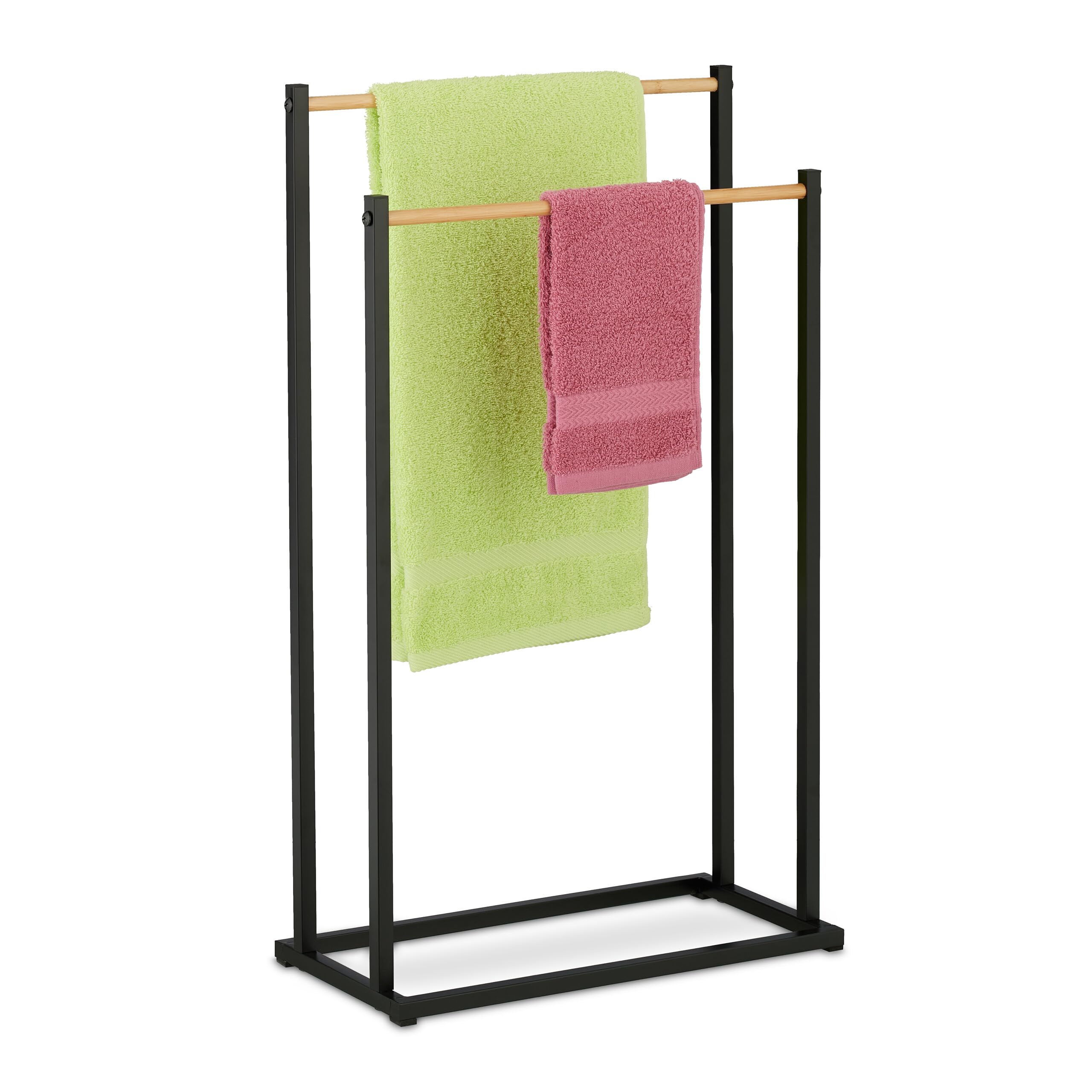 Relaxdays Towel Rail, 2 Staggered Bars, Airer, Dryer, HWD: 76 x 45 x 21.5 cm, Bathroom Stand, Bamboo, Natural/Black, Iron