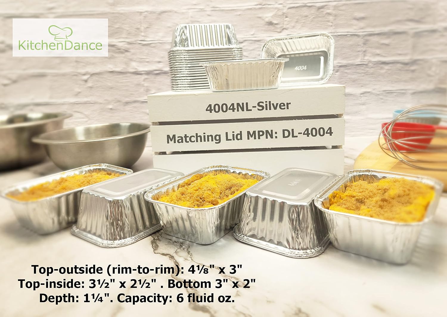 KitchenDance Disposable Aluminum Mini Loaf Pans without Lid - 6 Ounces Rectangular Individual Sized Loaf Pans, Aluminum Foil Baking Pans perfect for Cakes, Cobblers - #4004, (Silver, 50)