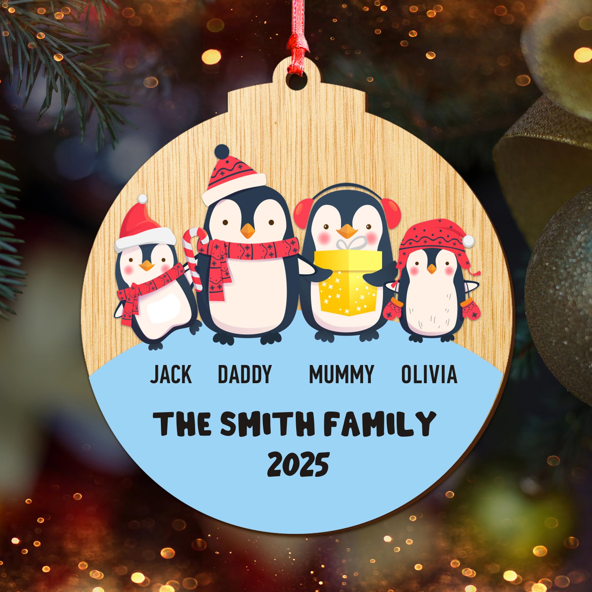 Personalised Christmas Baubles 2025 Christmas Tree Decoration Gift Xmas Tree Wooden Family Bauble Hanging Ornament Festive Xmas Present (Round Family of 4)