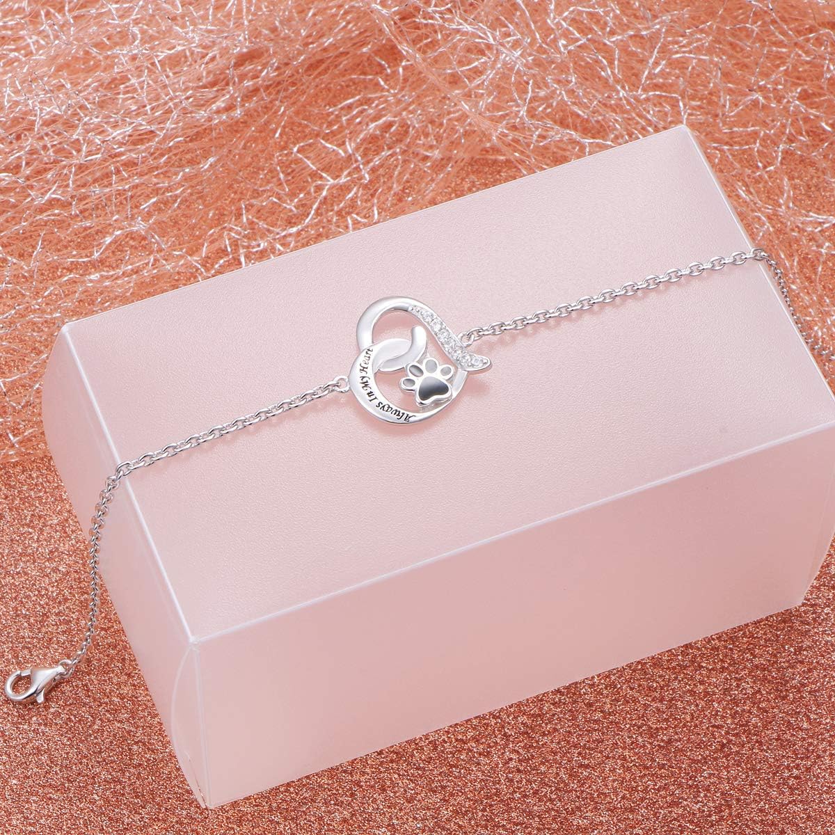 FLYOW 925 Sterling Silver Cute Paw Print Forever Love Heart Pendant Necklace/Bracelet/Stud Earrings Gift for Women, Box Chain 18"