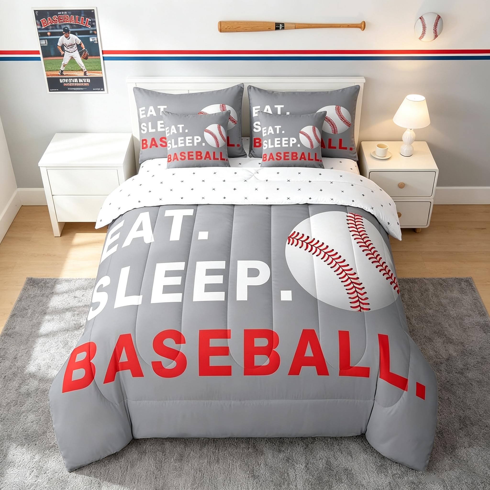 Feelyou Baseball Comforter Set Full Size 7 Piece for Kids Teens