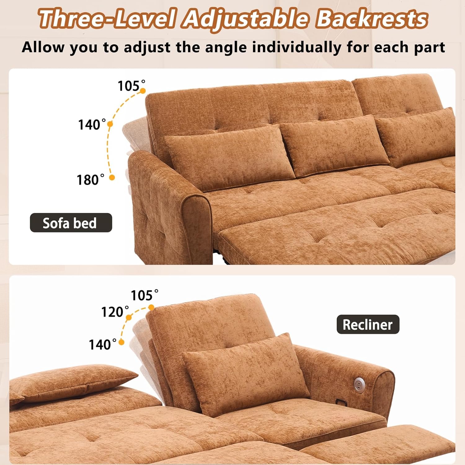 Recliner Sofa Bed, 2-in-1 Convertible Couch with Pull Out Bed and Reversible Recliner, Chenille Multi-Functional 3-Seater Sofa with USB Ports for Living Room Apartment, Orange