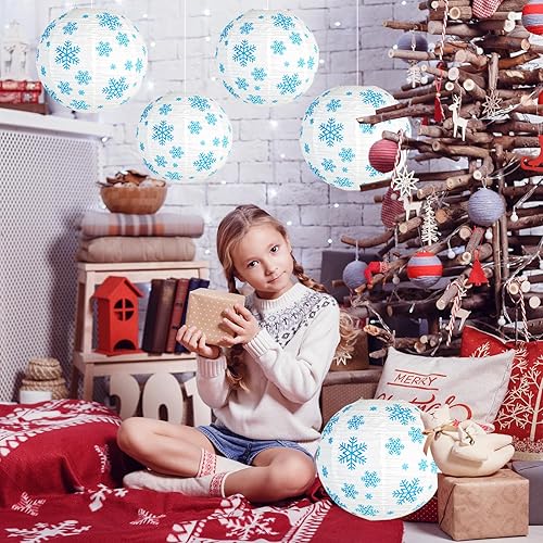Miniatura 5 de Juego de faroles decorativos de papel de copo de nieve azul y blanco, 5 faroles de papel colgantes redondos para fiesta de cumpleaños de congelados,