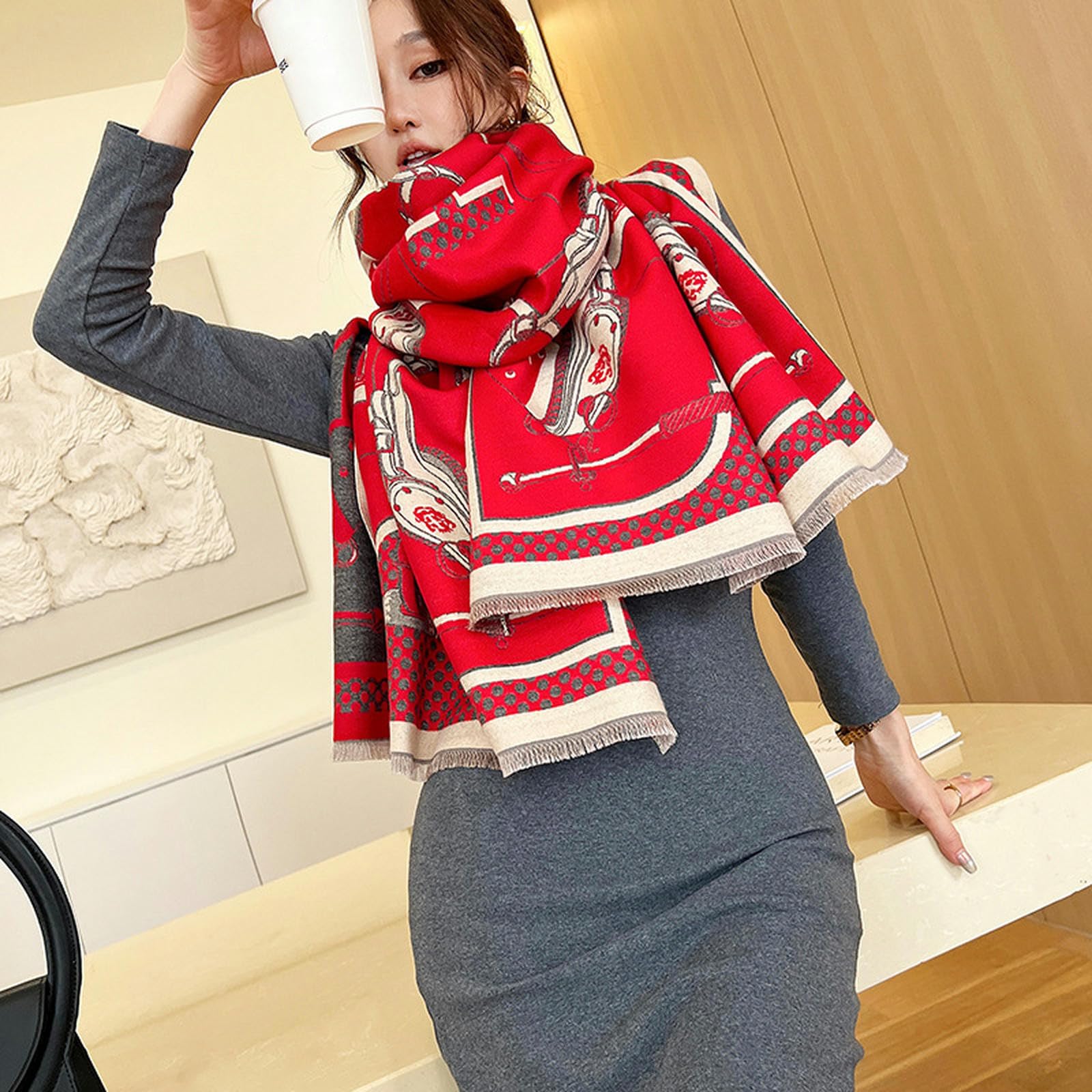 Sciarpa Donna Sciarpa Invernale in Cashmere per Donne, Sciarpa Jacquard, Scialle alla Moda E Versatile, Calda E Lussuosa per Le Donne, Regalo-Rosso