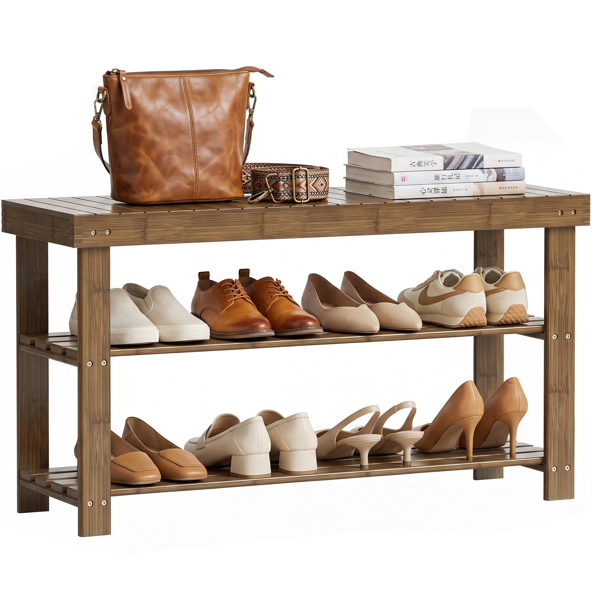 SMIBUY Banc à Chaussures en Bambou à 3 Niveaux pour entrée, 86 x 28.5 x 45.5 cm, Couloir, Salle de Bain, Salon (Noyer)