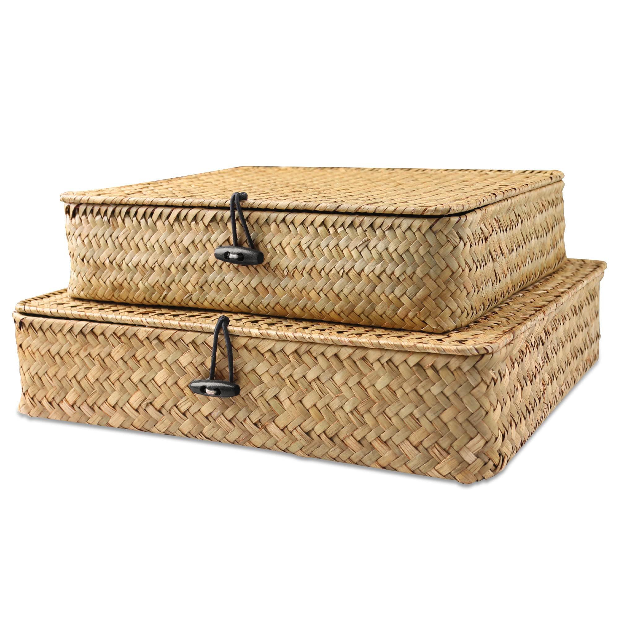 Shelf Baskets with Lids Wicker Storage Baskets for Shelves Organizing Natural Seagrass Rattan Woven Organizer Boxes Boho Home Decor Set of 2 (Natural)