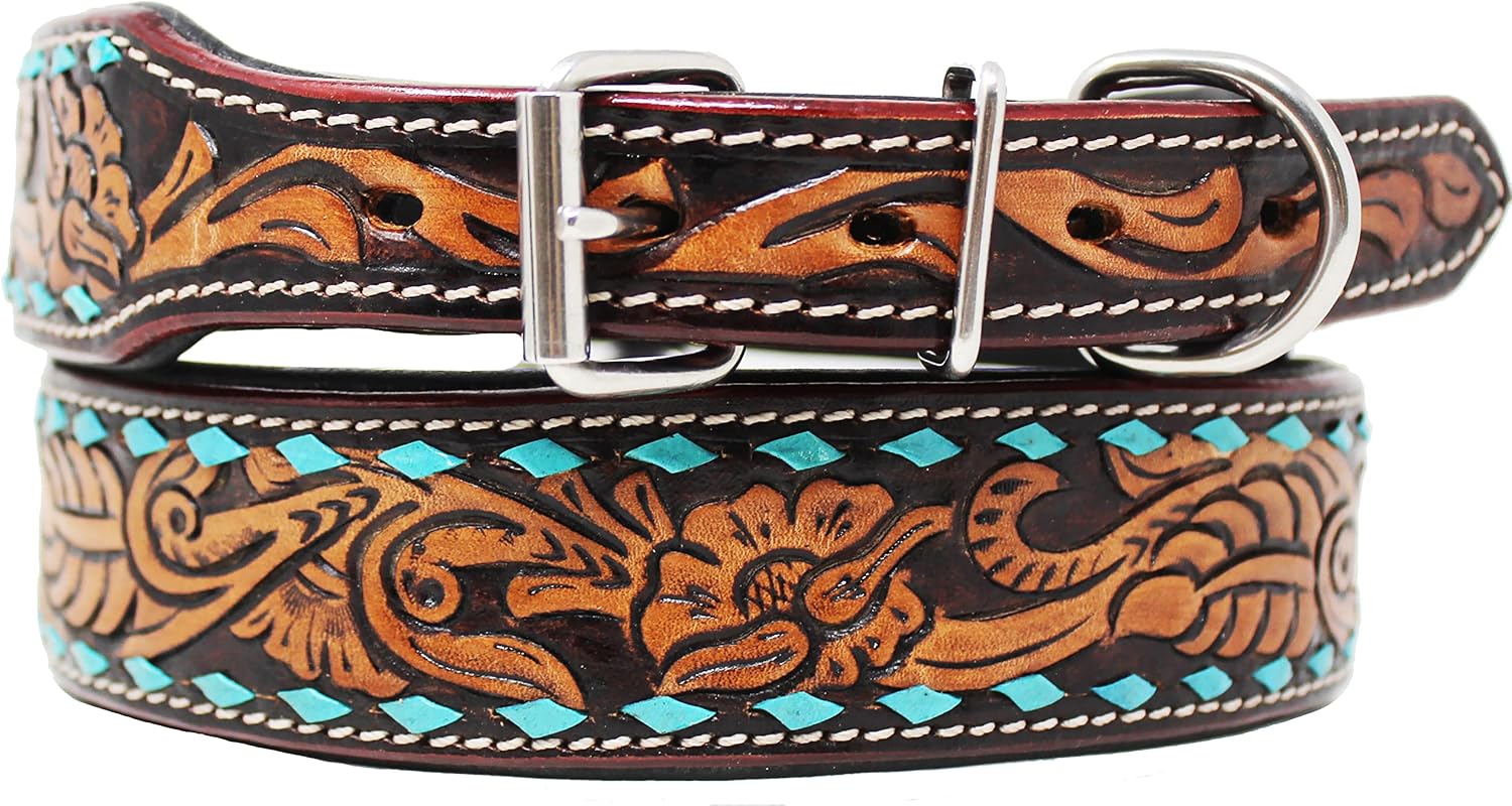 Large 21''- 25'' Padded Floral Leather Turquoise Buckstitch Dog Collar 60185