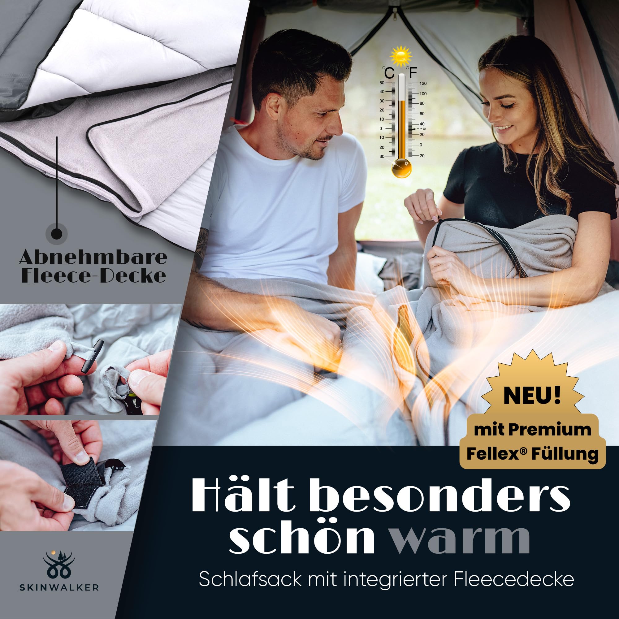 SkinWalker Saco de dormir para 4 estaciones, verano e invierno, -5 °C -20 °C, resistente al agua, [acolchado integrado para la cabeza + manta para exteriores] Tecnología Airflow para camping, viajes,
