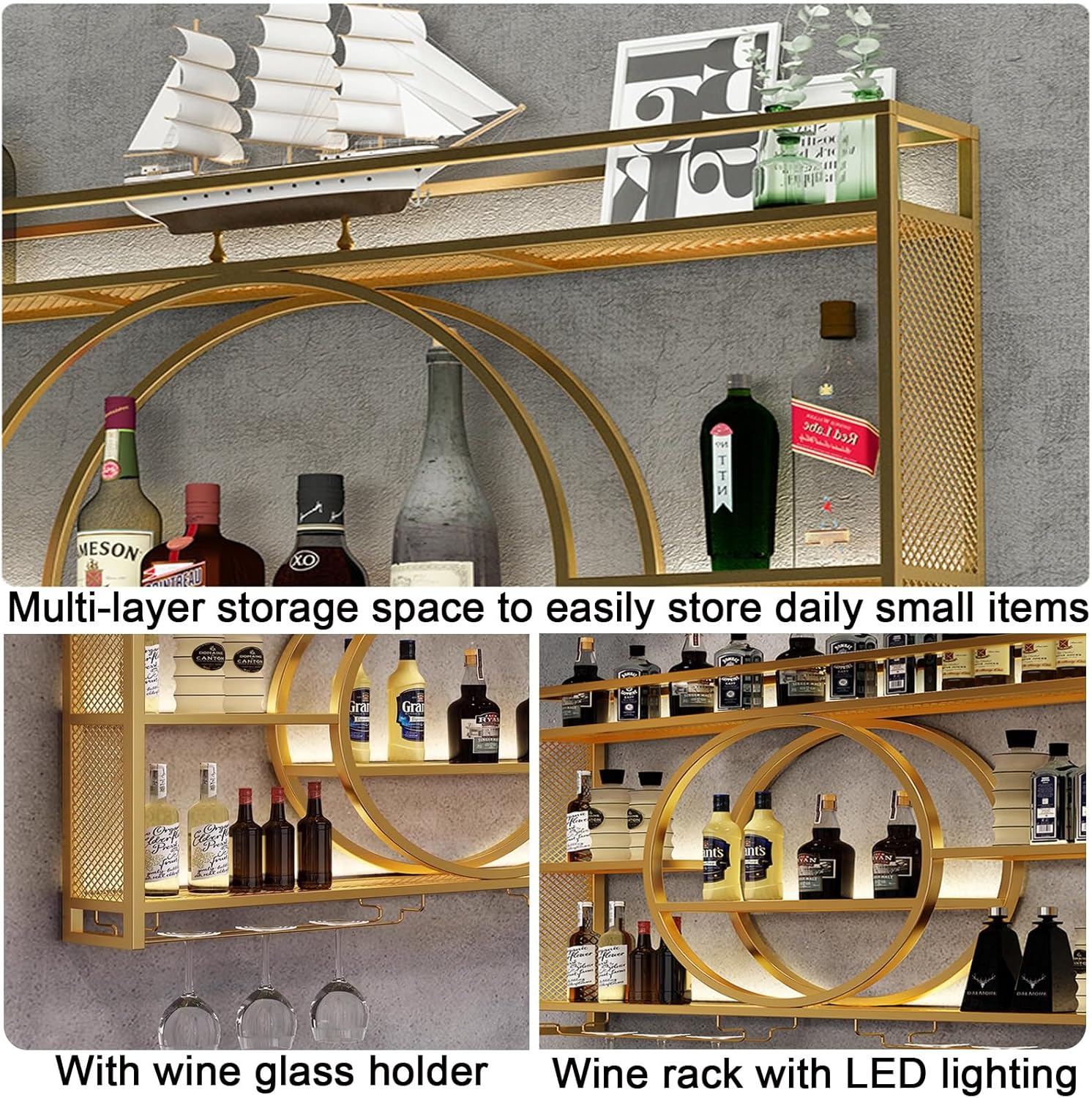 Wine Rack Wall Mounted With LED Light ＆ Wine Glass Holder,Iron Bar Liquor Shelf,Floating Wall Wine Shelves,Liquor Bottle Display Shelf,Wine Glass Storage Racks,For Kitchen Wine Cellar,Gold/Black
