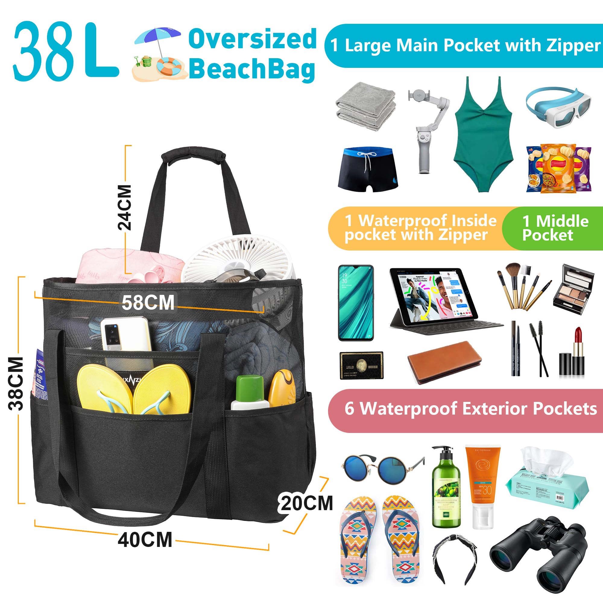Sac de Plage Grand en Maille avec Fermeture Éclair, Fourre-Tout de Plage Anti-Sable Pliable Main Sac, Piscine Voyage L'été Vacances Vêtements Jouets Gym
