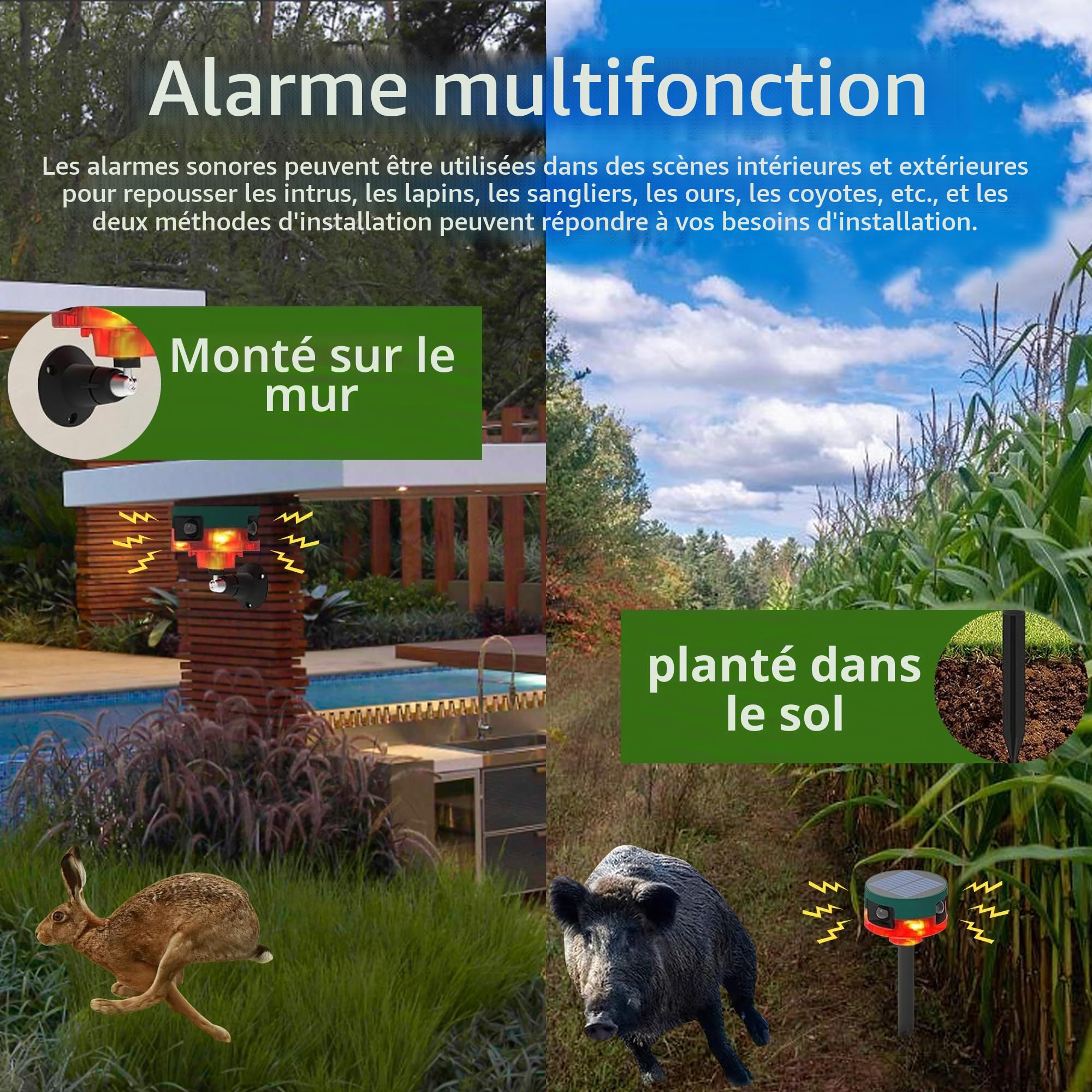Alarme de détecteur de Mouvement Solaire extérieur - Alarme de détecteur de Mouvement 360 ° améliorée, sirène puissante de 129 DB, 13 Types de Son, Prise en Charge de l'enregistrement (1 Pack)