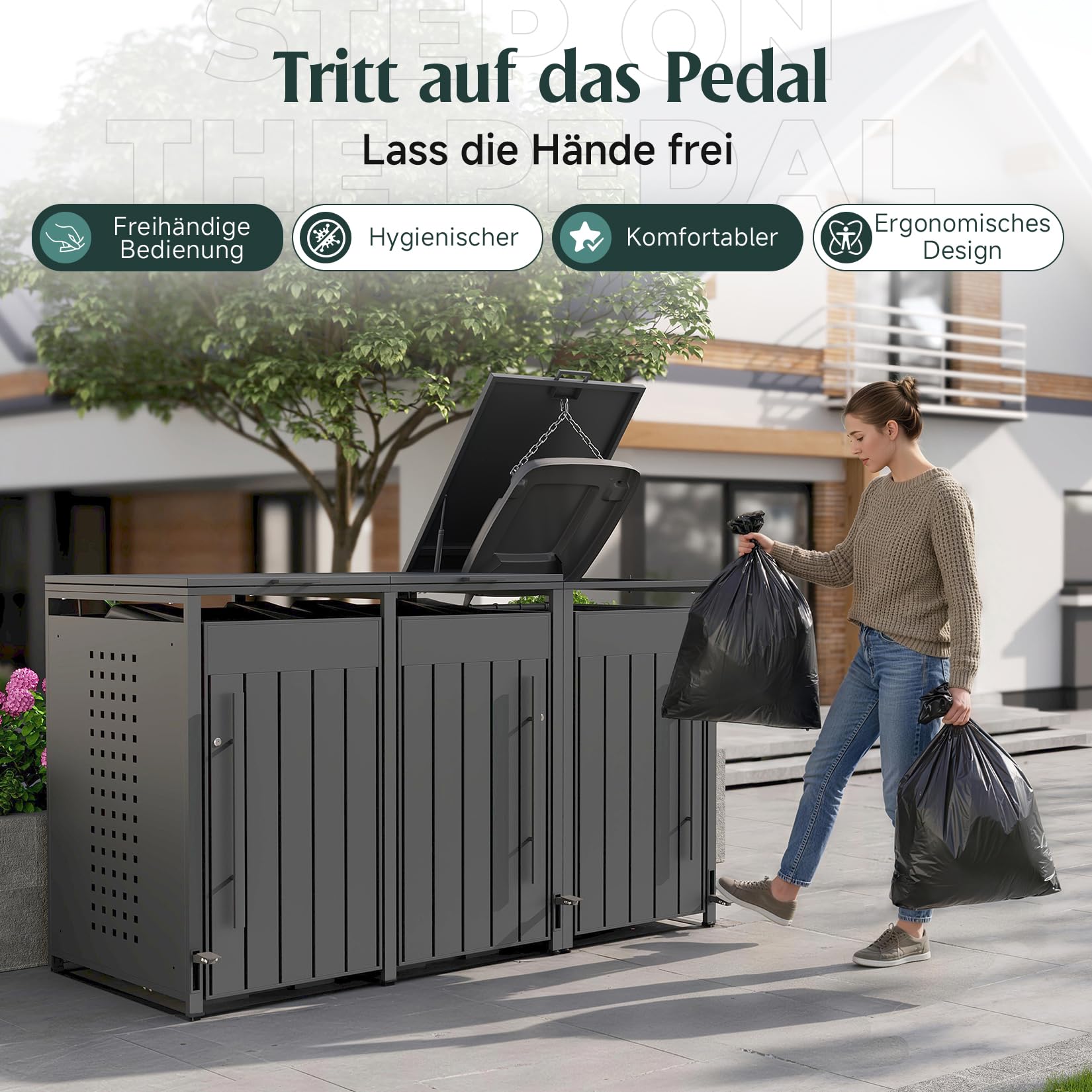 OMERAI Premium Mülltonnenbox 3er 240L mit Fußpedal - Anthrazit Verzinkter Stahl - Automatikdeckel mit Softclose & Schloss - Mülltonnenverkleidung wetterfest & UV-beständig Gerätebox - erweiterbar