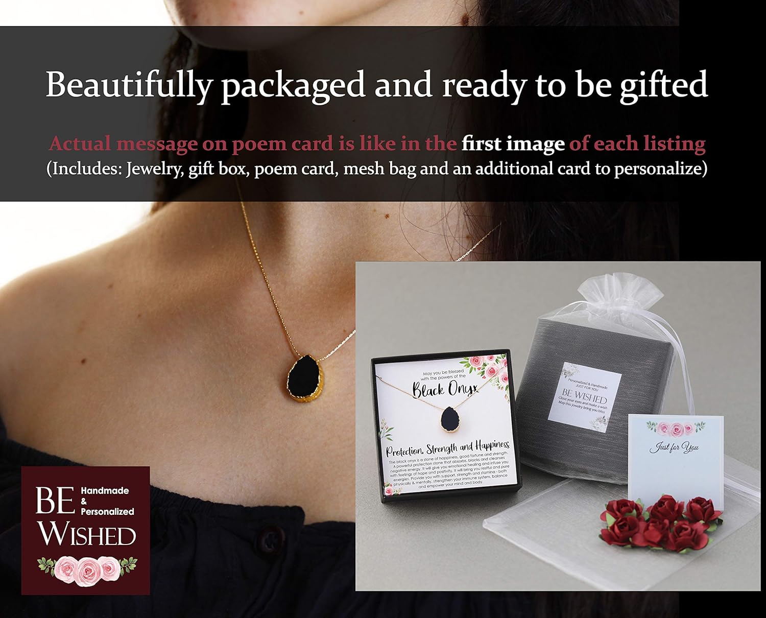 Be Wished Black Onyx Necklace for Women, 14K Gold Filled Inspirational Jewelry Gift Necklace with Meaningful Message - Image 7