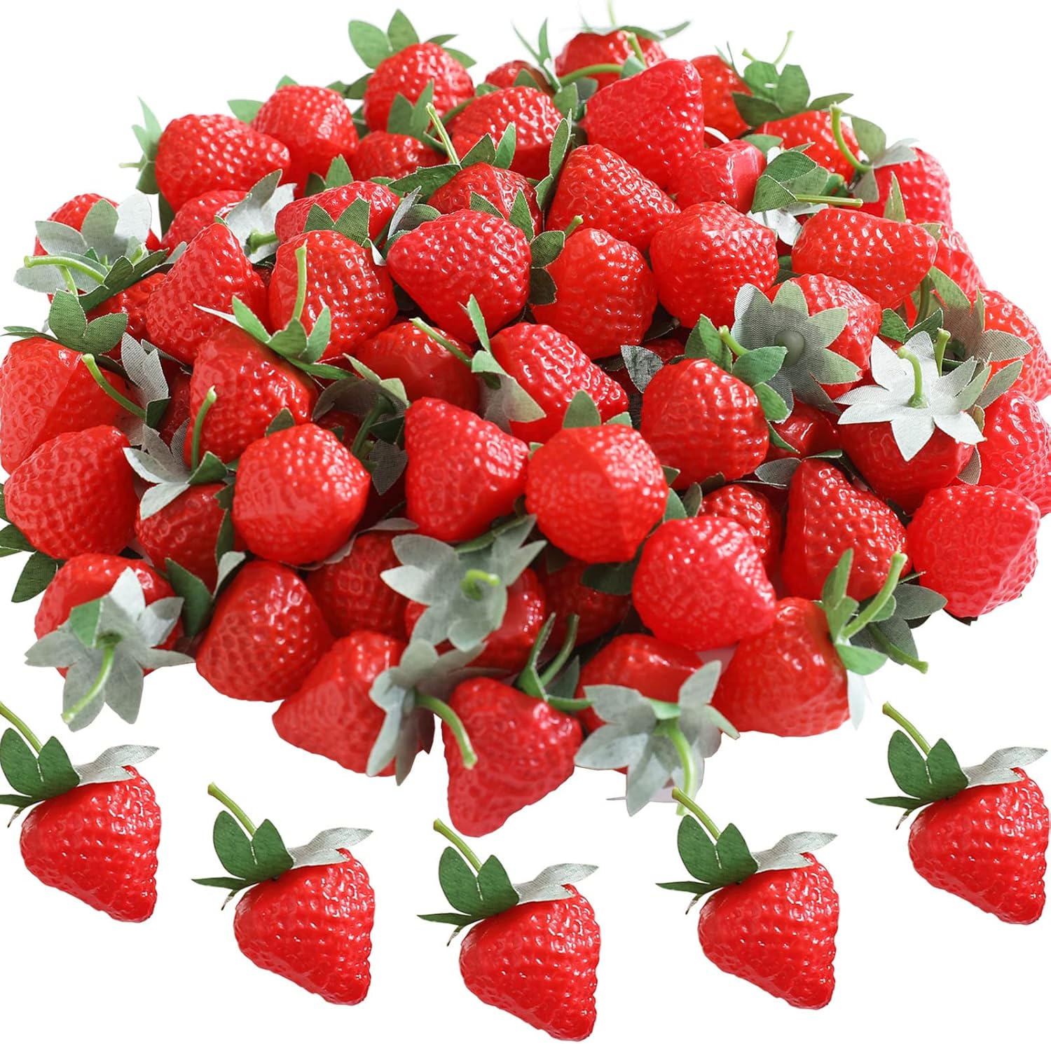 Joeabor 100 Pieces Fake Strawberries Fake Fruit Artificial Strawberry Kitchen Décor Plastic Strawberry Party Decorations Realistic Fake Food Lifelike for Display Photography Props