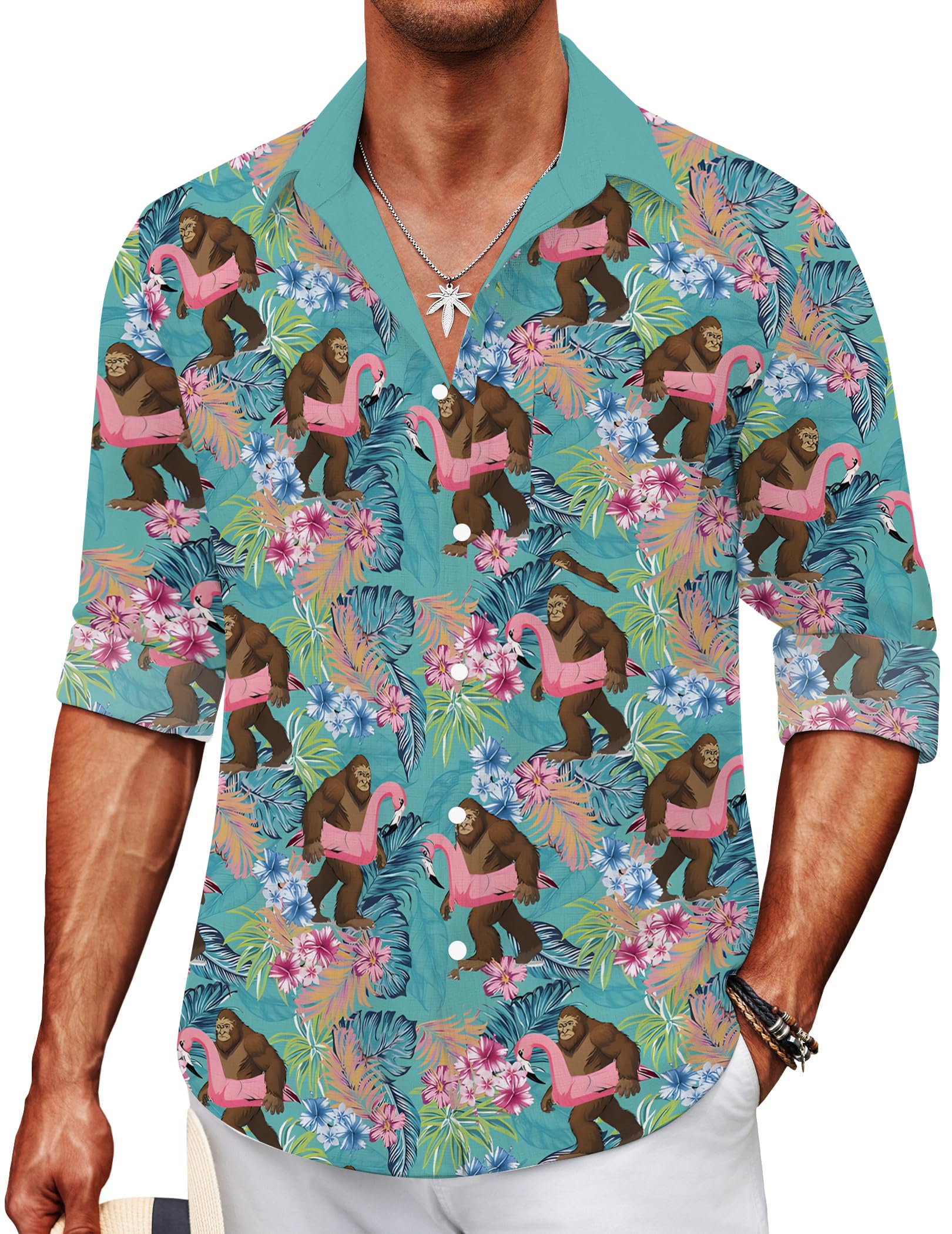 NGGBBDYGB Mens Hawaiian Shirts Long Sleeve Button Down Floral Printed Casual Tropical Beach Shirts