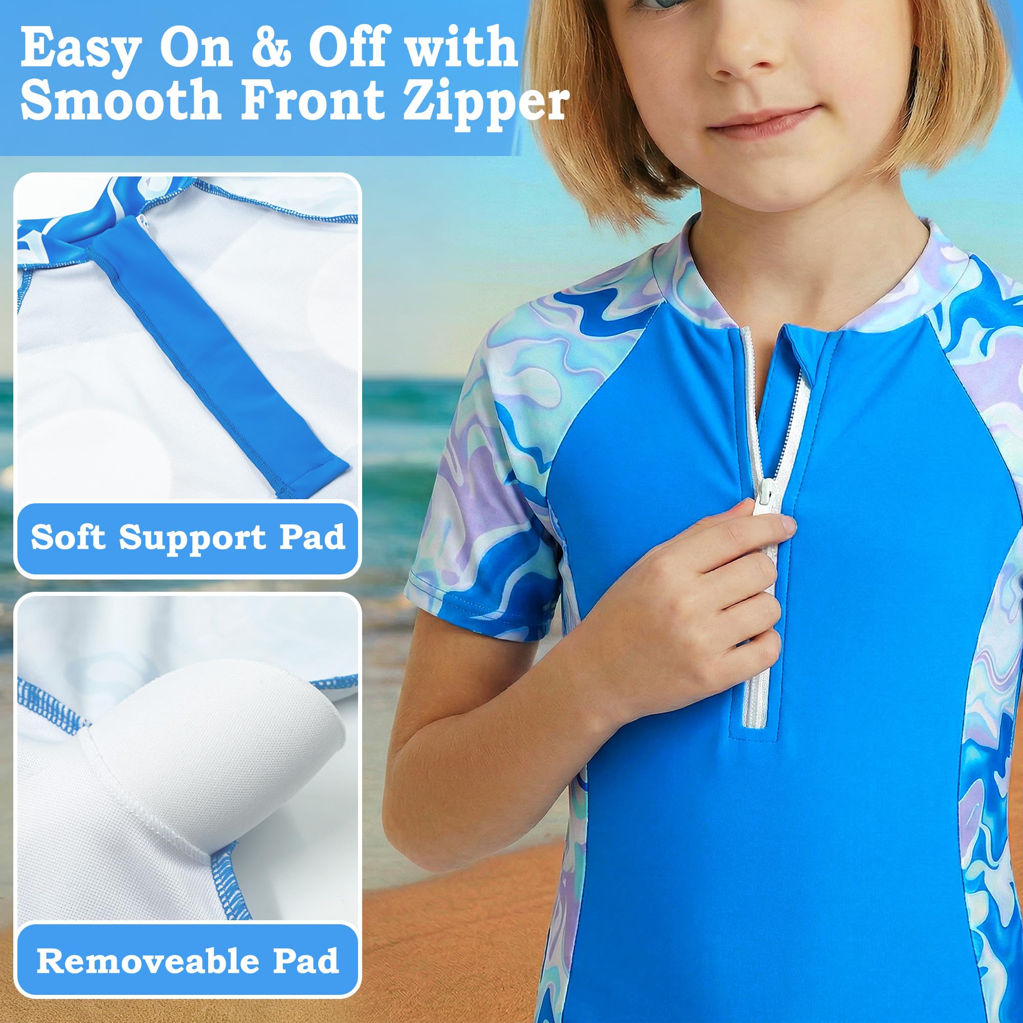 Badeanzüge für Mädchen Kurze Ärmel Schwimmanzug mit Shorts Zweiteilige Blumenmuster Badeanzug Schnelltrocknen 1/2 Zip Oberteile + Badehose 2-teiliges Set Bademode für 5-14 Jahre