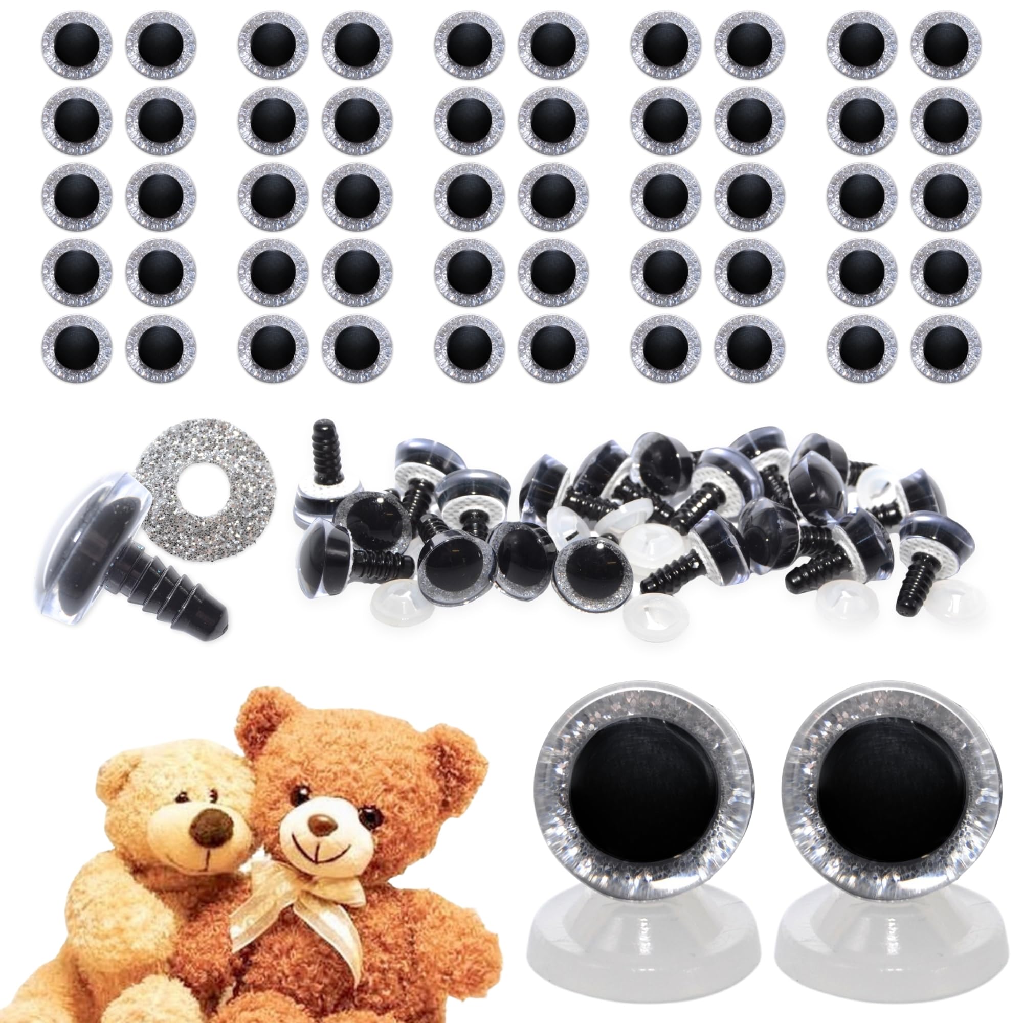 celloexpress 12mm Silver 3D Glitter Eyes with Plastic Backs - Sparkle Safety Eyes for Soft Toy Teddy Bear Animal Making (Pack of 50 Pairs)