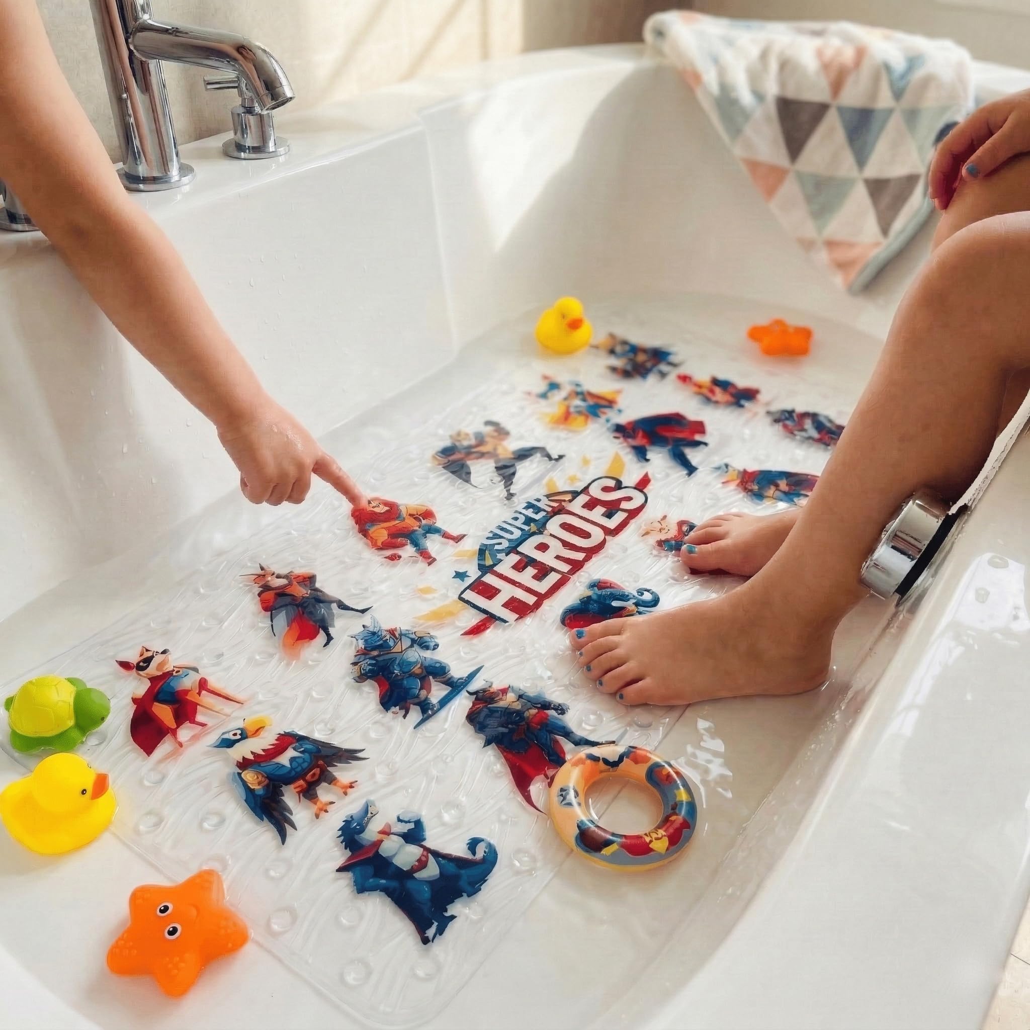 BEEHOMEE Kids Bath Mat for Tub, Non-Slip Toddler Bathtub Mat (Super Heroes)