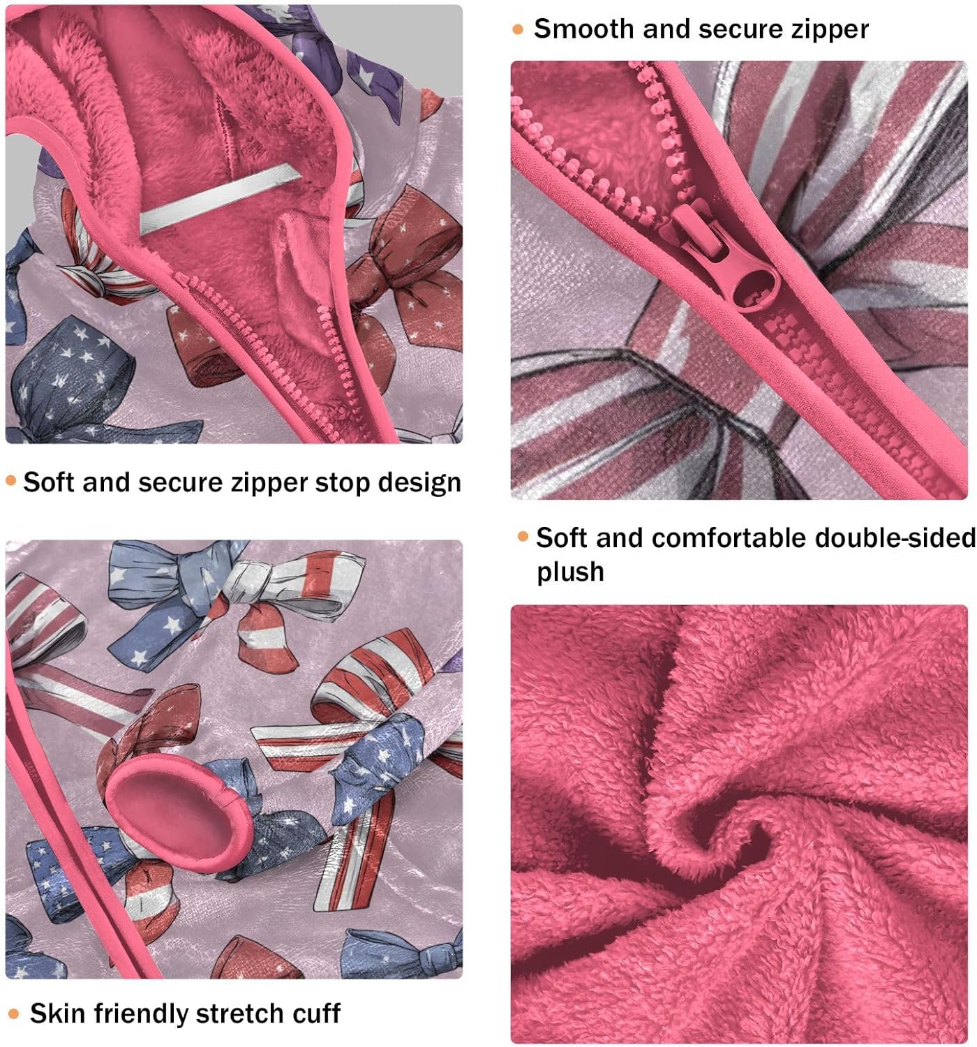 Girls Hoodie Outfit Pink Flag Bows Pattern Purple Zipper Sweatshirt Coat Fleece Jacket for Kids 3-10T