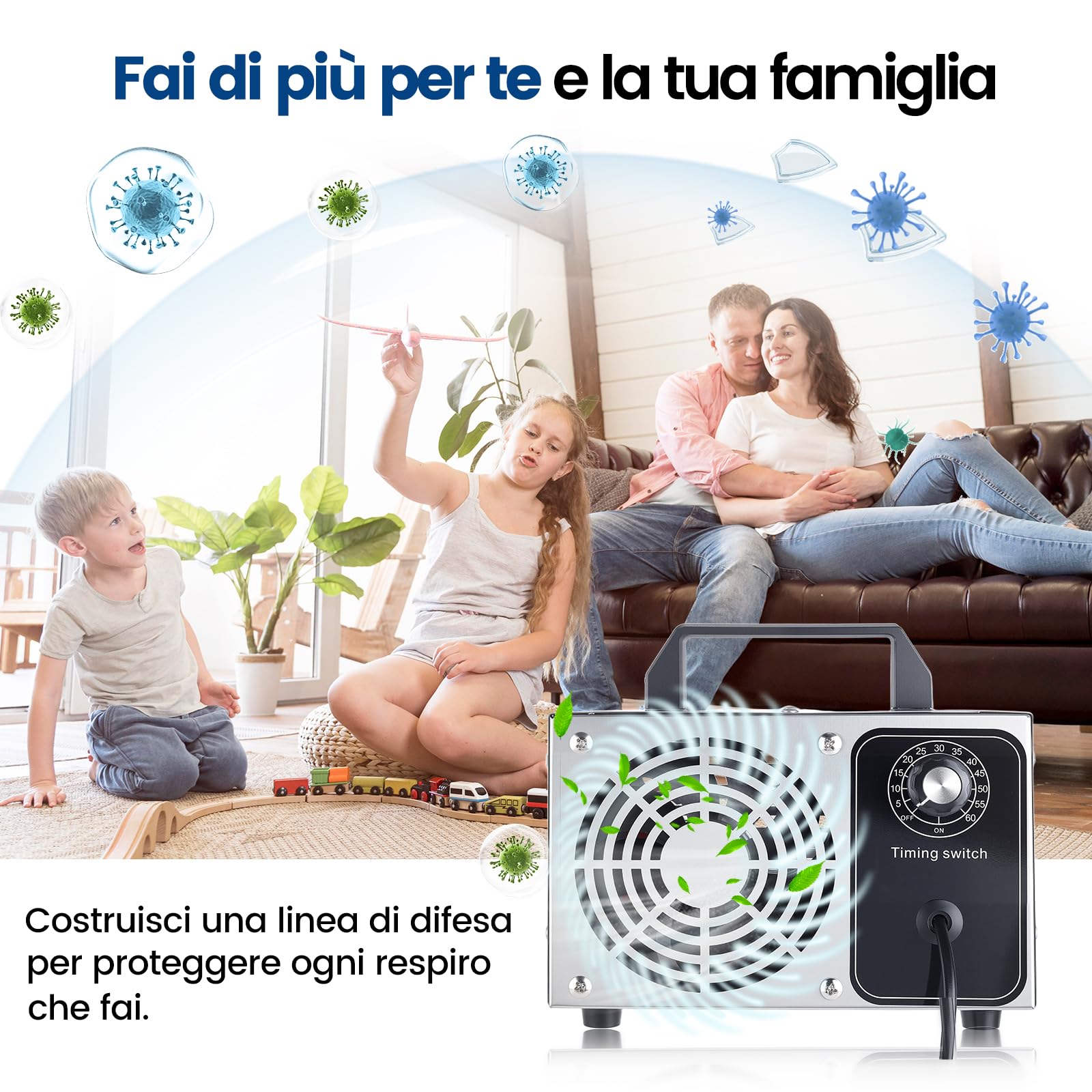 Generatore di Ozono 40000mg/h, Ozonizzatore Portatile per Casa e Auto, Ozonizzatore Industriale 300㎡ per Odori di Animali Domestici Cucina Hotel Uffici Garage Azienda Agricola Timer da 60 Min