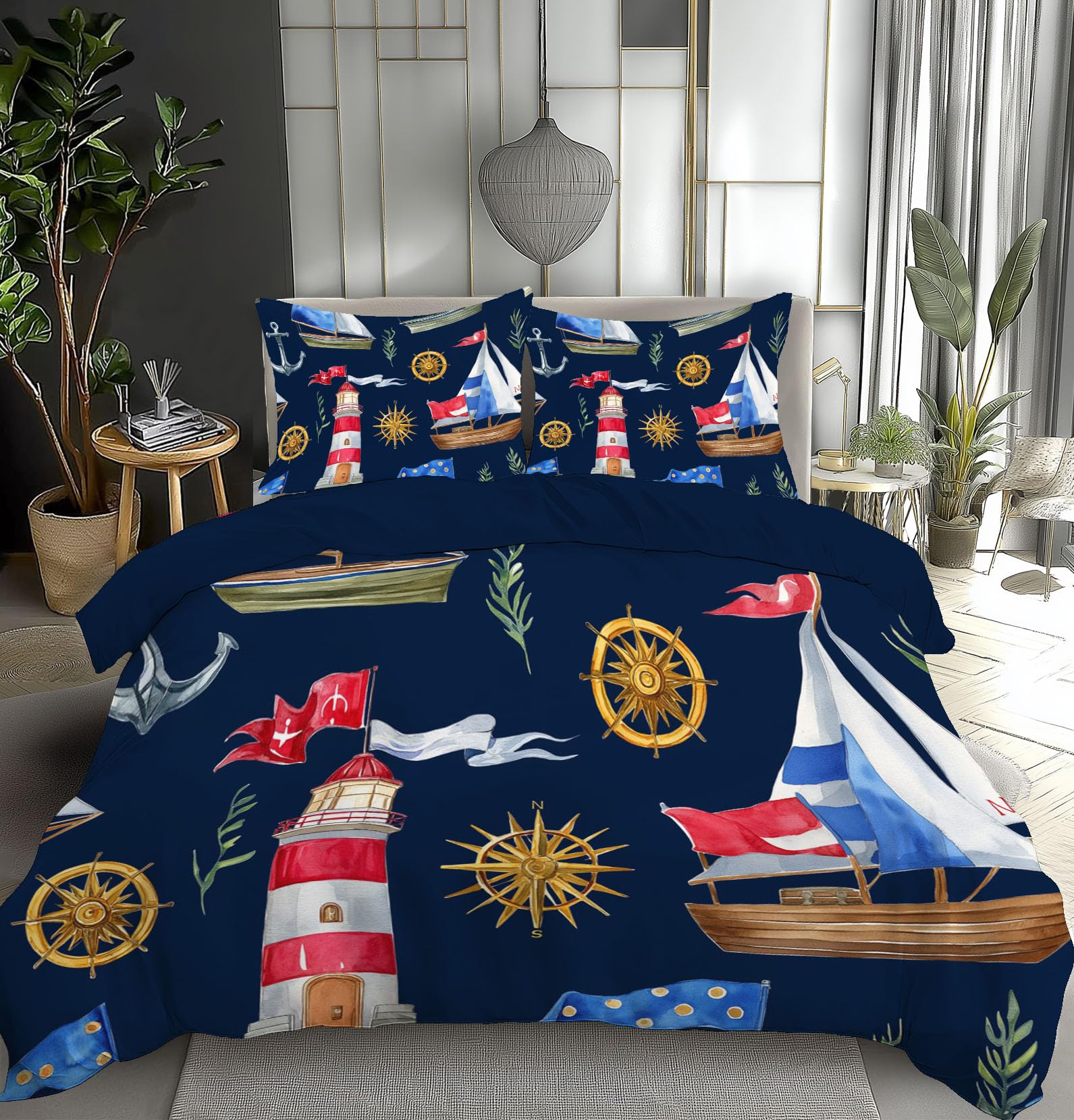 Housse de couette phare et boussole bleu foncé 140x200 cm avec ses 2 taies d'oreiller