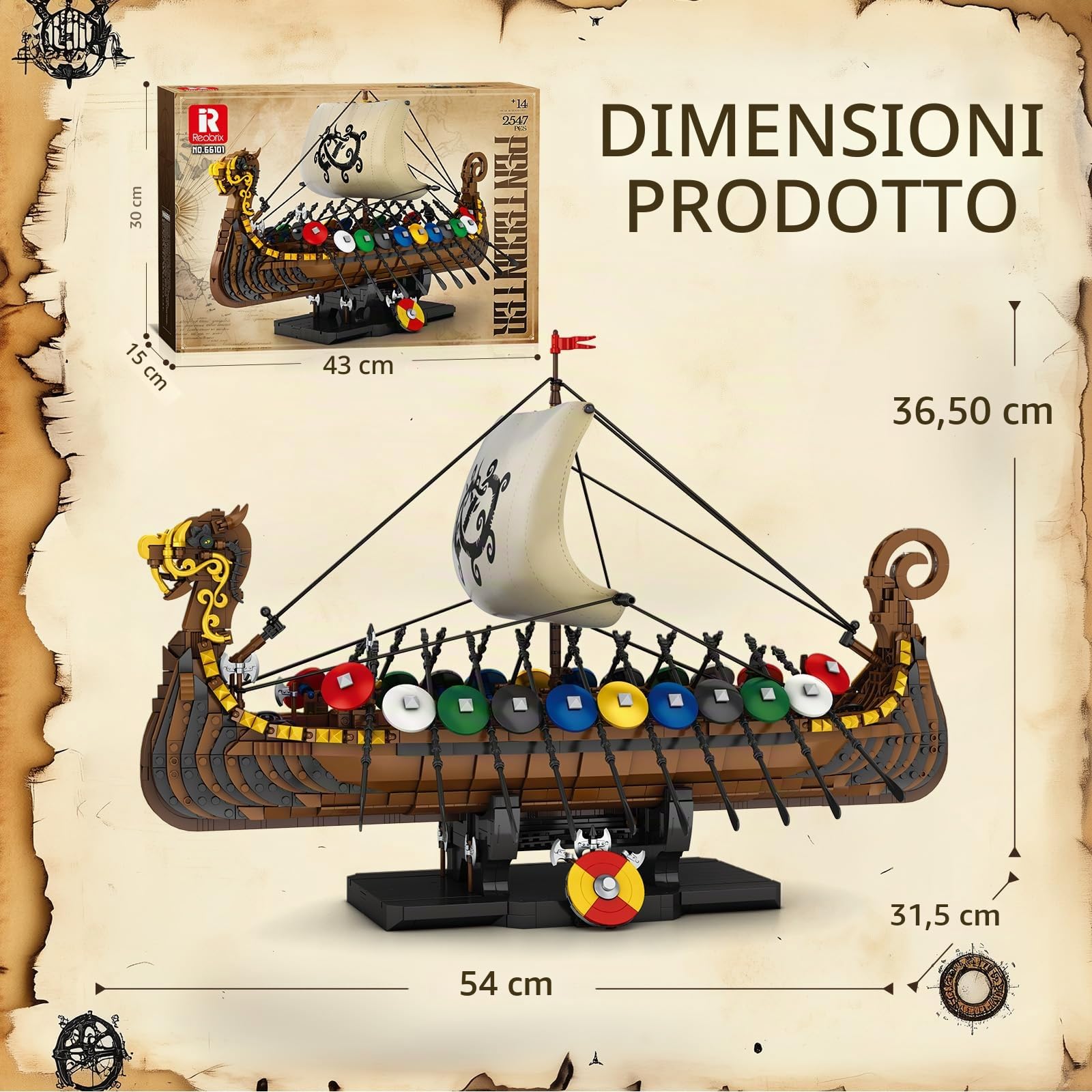 Reobrix Set di Costruzione Modello Nave Vichinga Pirata, Kit Nave Vichinga Medievale con Vele e Scudi 66101, Regali per Uomini Adulti e Ragazzi, Decorazione Vichinga per Ufficio o Camera (2547 Pezzi)