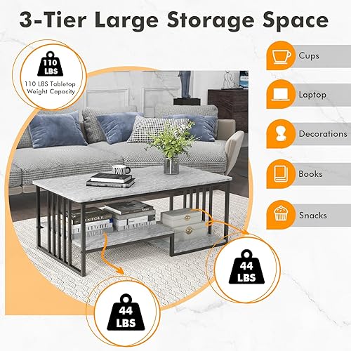 Miniatura 5 de Tangkula Mesa auxiliar pequeña para espacios pequeños, mesa de cóctel rectangular con almacenamiento, textura de mármol sintético, mesa central