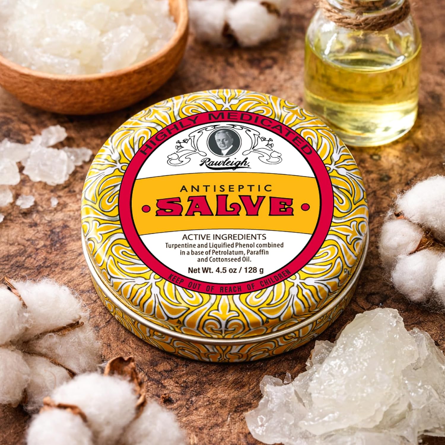 Rawleigh Antiseptic Salve Iconic Yellow Big Tin: 4.5 oz, Natural, Multi-Purpose Ointment Soothes Skin Cuts, Bruises, Irritations, with Turpentine, Phenol, Cottonseed Oil, Original Formula - Pack of 1 - Image 6