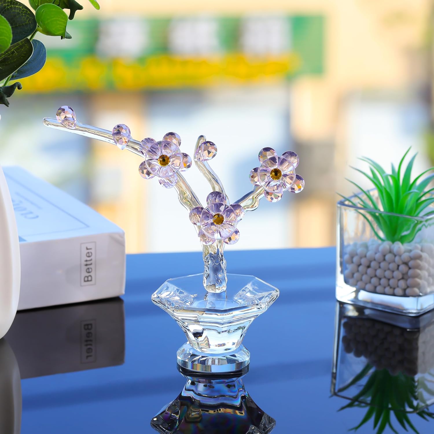 Pink Cherry Blossom Crystal Flowers with Stems - Glass Flowers with Vases Japanese Cherry Gifts Decor for Wife Girlfriend Women - Crystal Collectible Home Table Decor for Valentines Wedding Gifts - Image 2