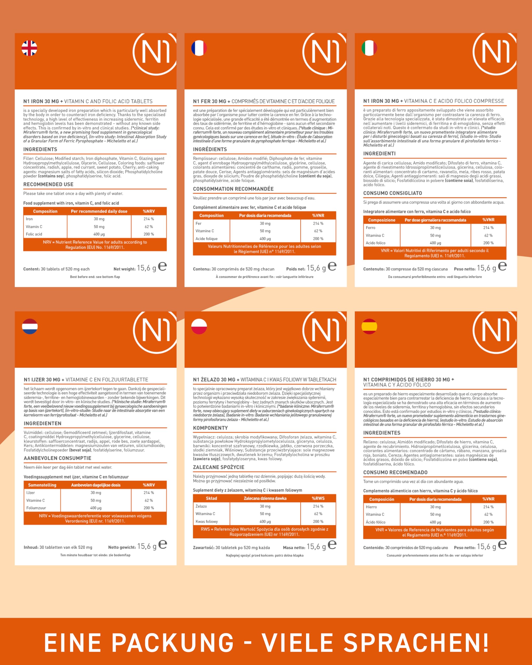 N1 Hierro 30 mg + tabletas de vitamina C y ácido fólico – Alta biodisponibilidad – 90 comprimidos – Alta dosis – Sistema inmunológico – Metabolismo energético